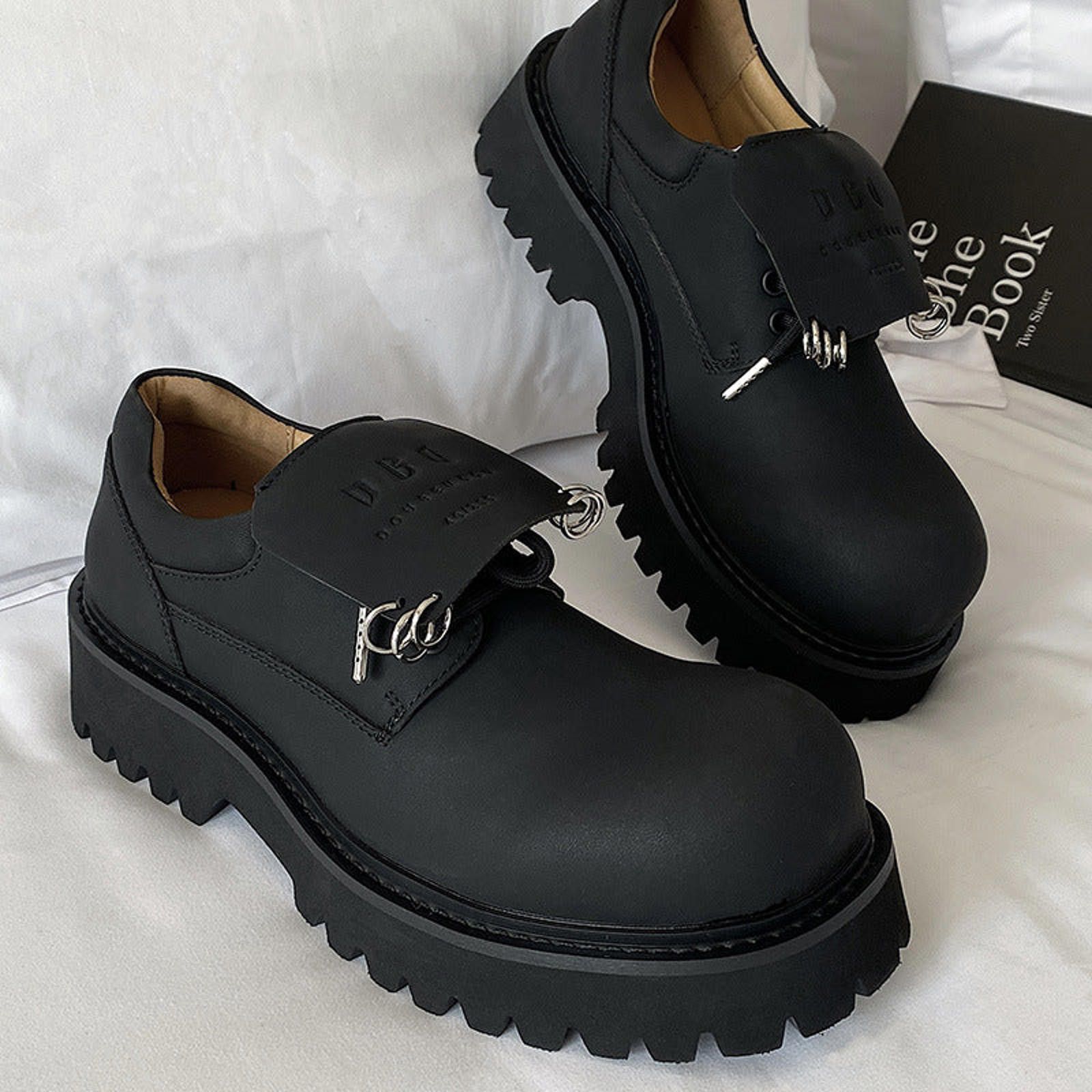 Japanese Brand Metal-Earring Derby Shoes | Matte Black Leather Shoes Size US 11 / EU 44 - 3 Thumbnail