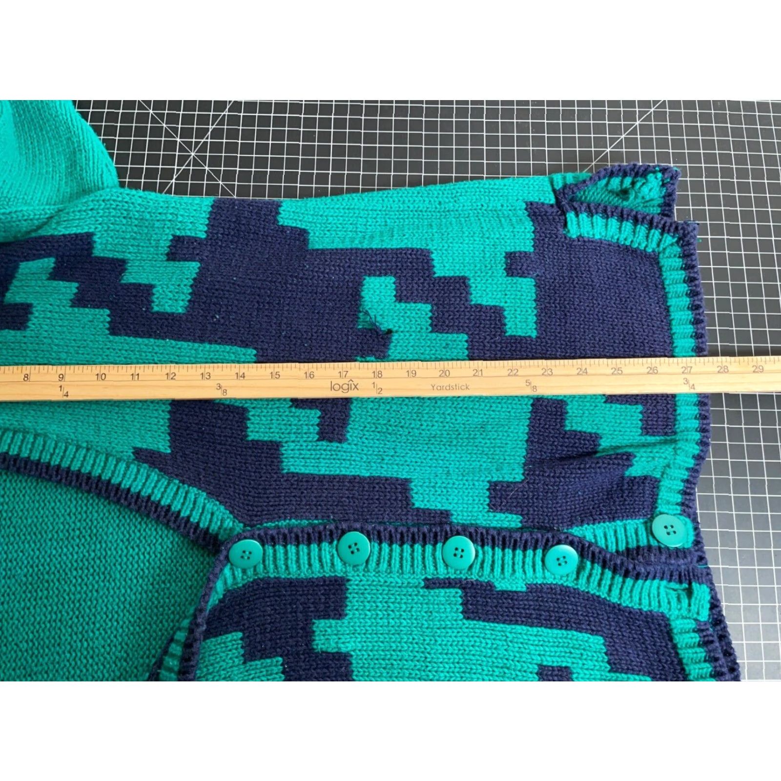 Vintage Vintage 90s Geometric Pattern Cotton Chunky Knit Cardigan Women's Medium Green Blue Hipster Retro Size M / US 6-8 / IT 42-44 - 6 Thumbnail