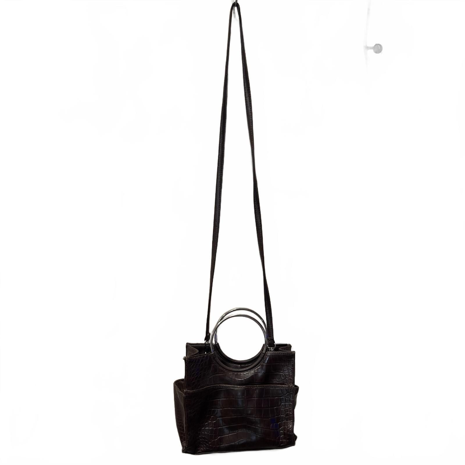 The Unbranded Brand Brown Croc-Embossed Leather Shoulder Bag with Silver Ringed- Size ONE SIZE - 3 Thumbnail