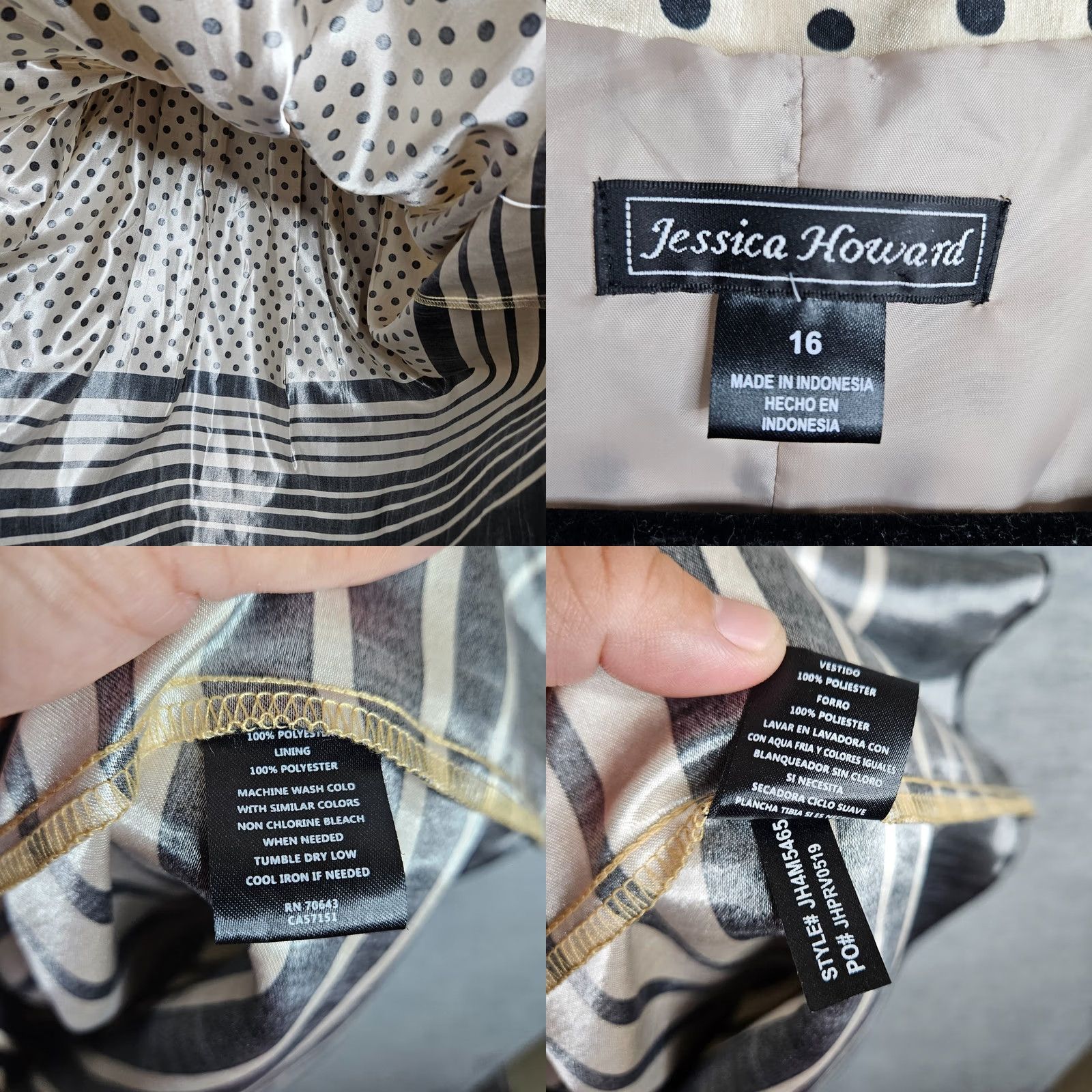 Vintage Jessica Howard Women's Dress Polka Dot Black Striped A-Line Knee Length Sleeveless 16 NEW Size XXL / US 16-18 / IT 52-54 - 8 Thumbnail