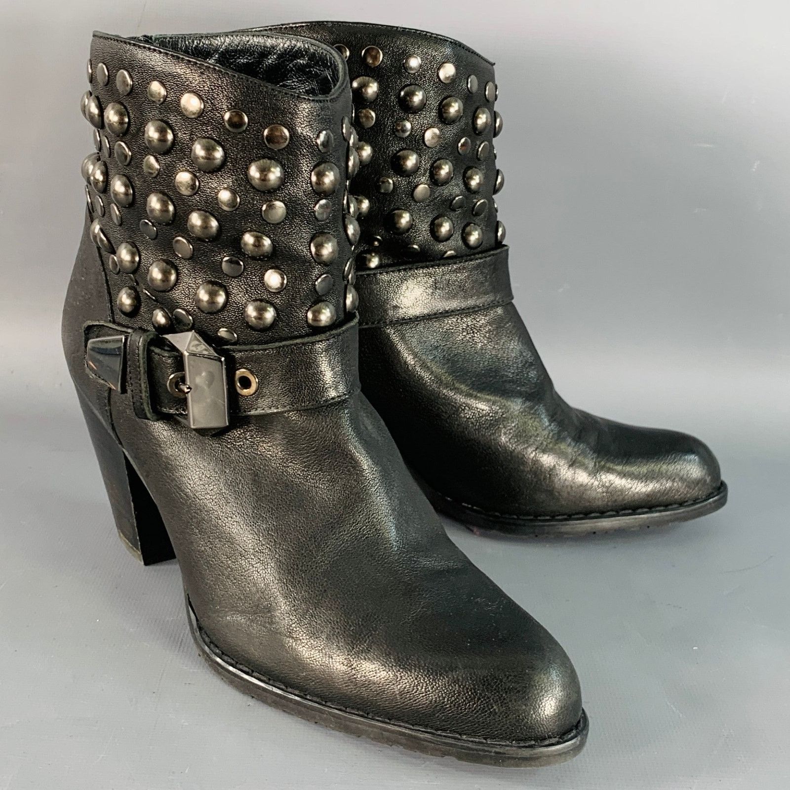 Stuart Weitzman 7 Black Leather Studded Zip Belted Ankle Booties Size US 7 / IT 37 - 1 Thumbnail