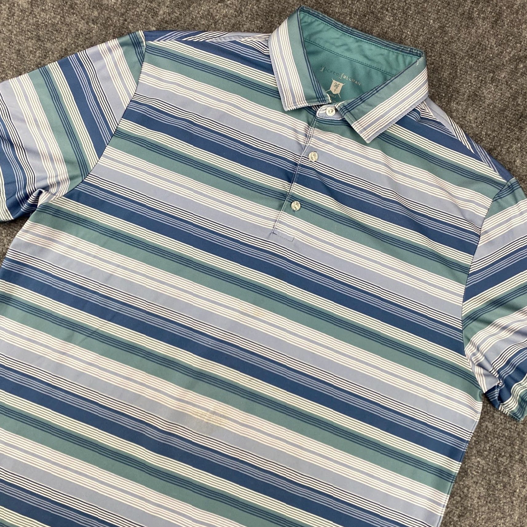Vintage Hickey Freeman Polo Shirt Mens L Blue Green Striped Golf Performance HF Logo Shirt Size US L / EU 52-54 / 3 - 2 Thumbnail