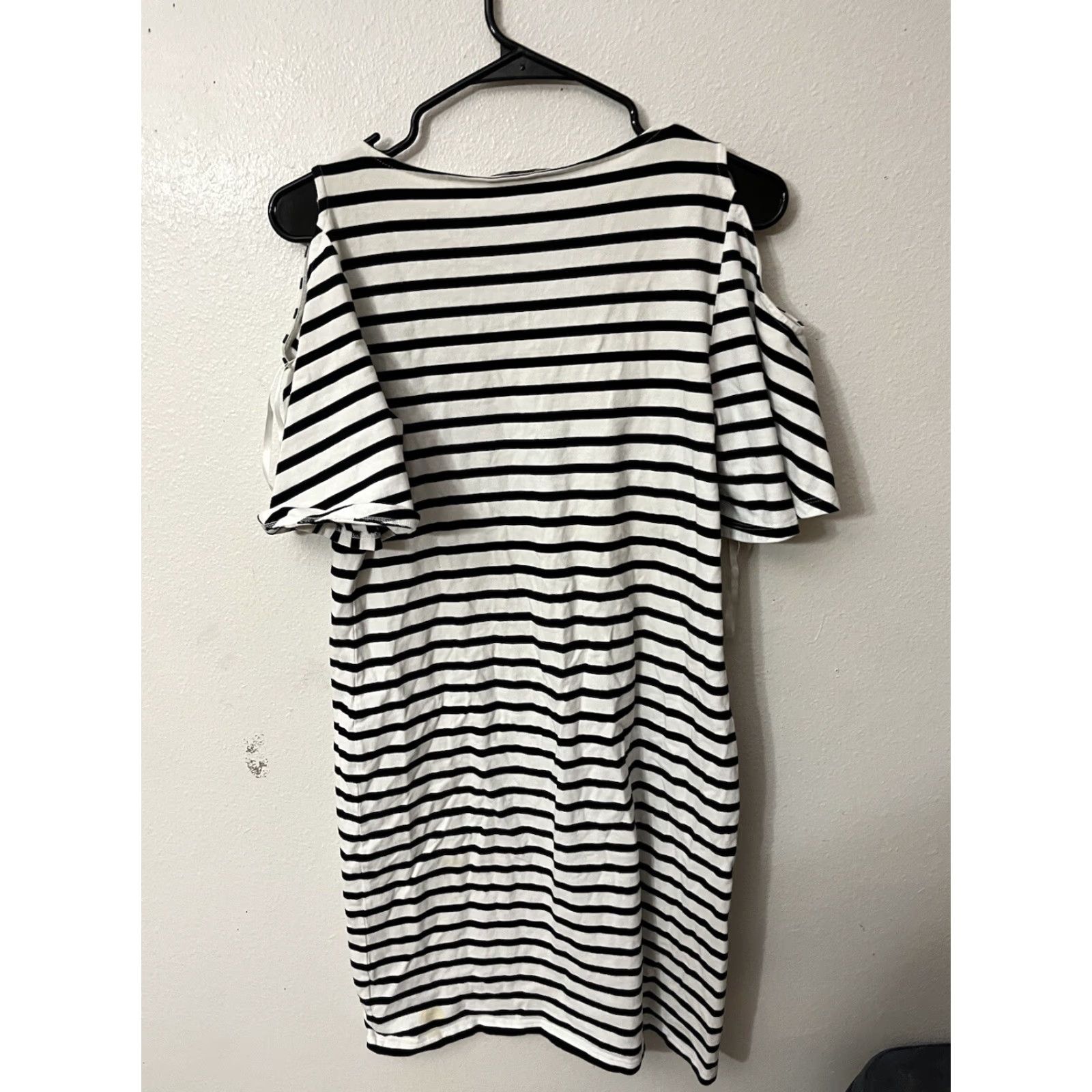 Ralph Lauren Ralph Lauren Women's Black Striped Short-Sleeve Cold Shoulder Dress M Knit 100% Cotton Casual Knee Length Round Neck Pullover Vintage No Size M / US 6-8 / IT 42-44 - 3 Thumbnail
