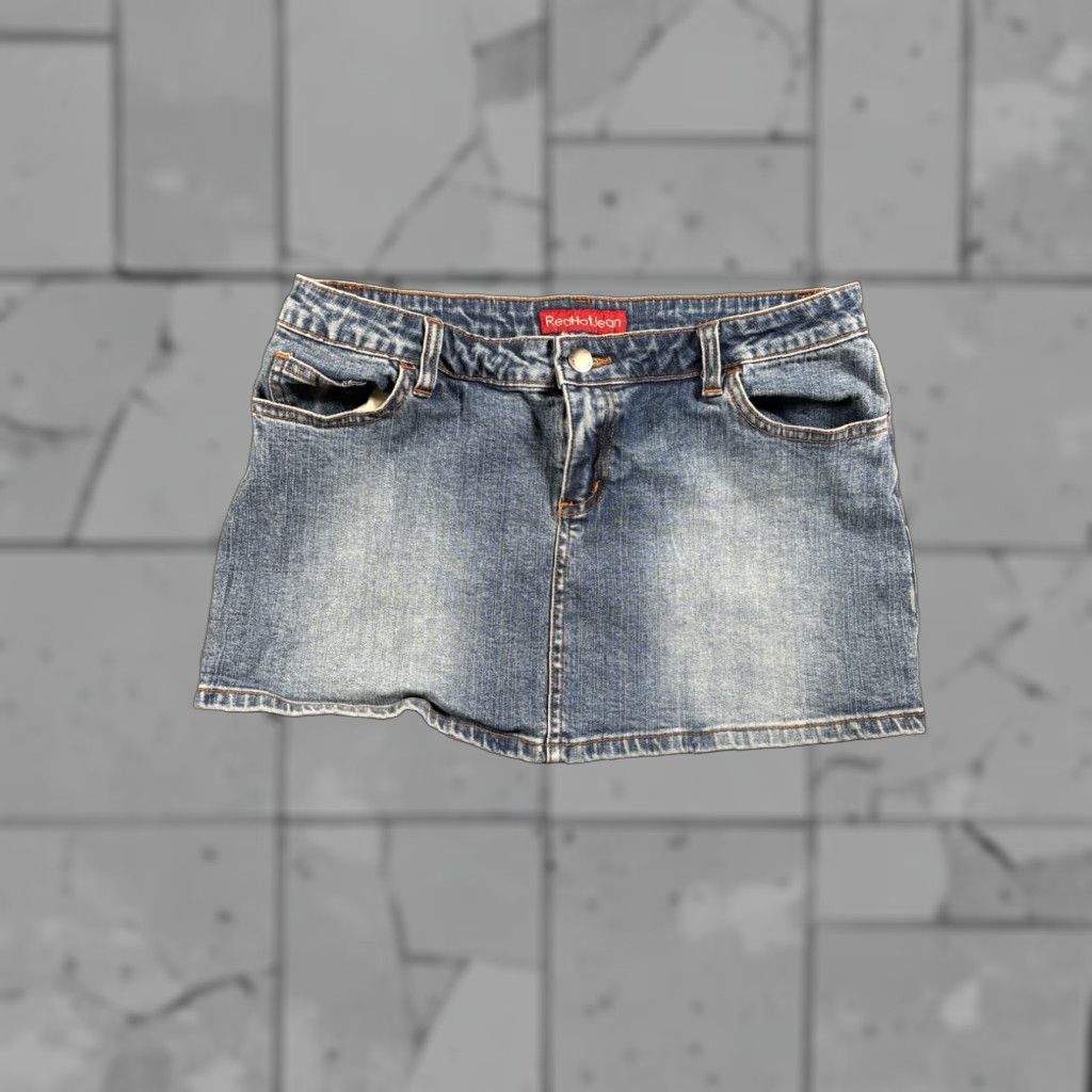 VINTAGE Red Hot Jean Denim Mini Skirt Womens Blue 90s Grunge Rock