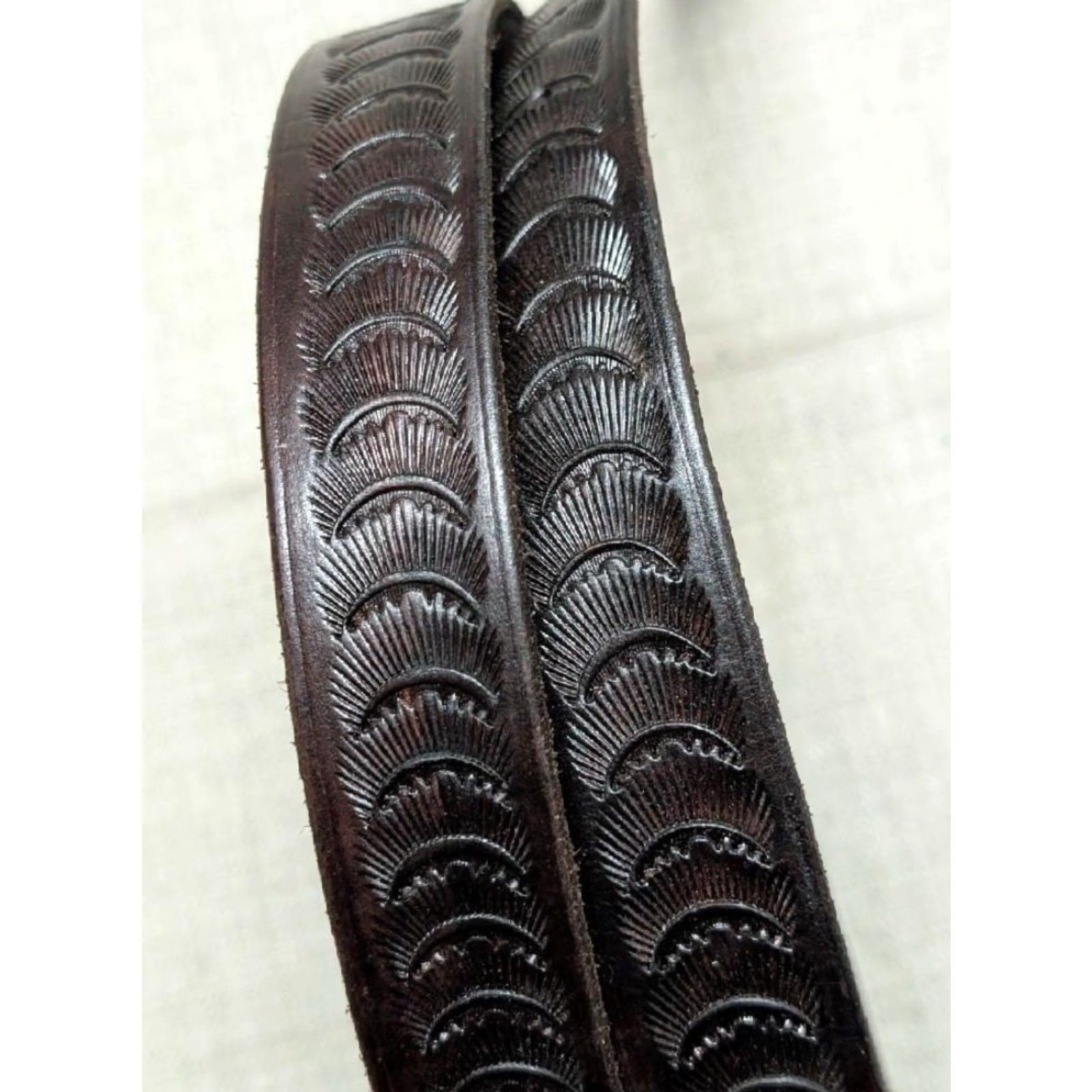 Vintage VINTAGE western belt Hand Tooled Geometric Leather 40 brown Mens Belt Geometric Southwestern 1-1/4" buckle 46" total length 39-43 holes Size 40 - 7 Thumbnail