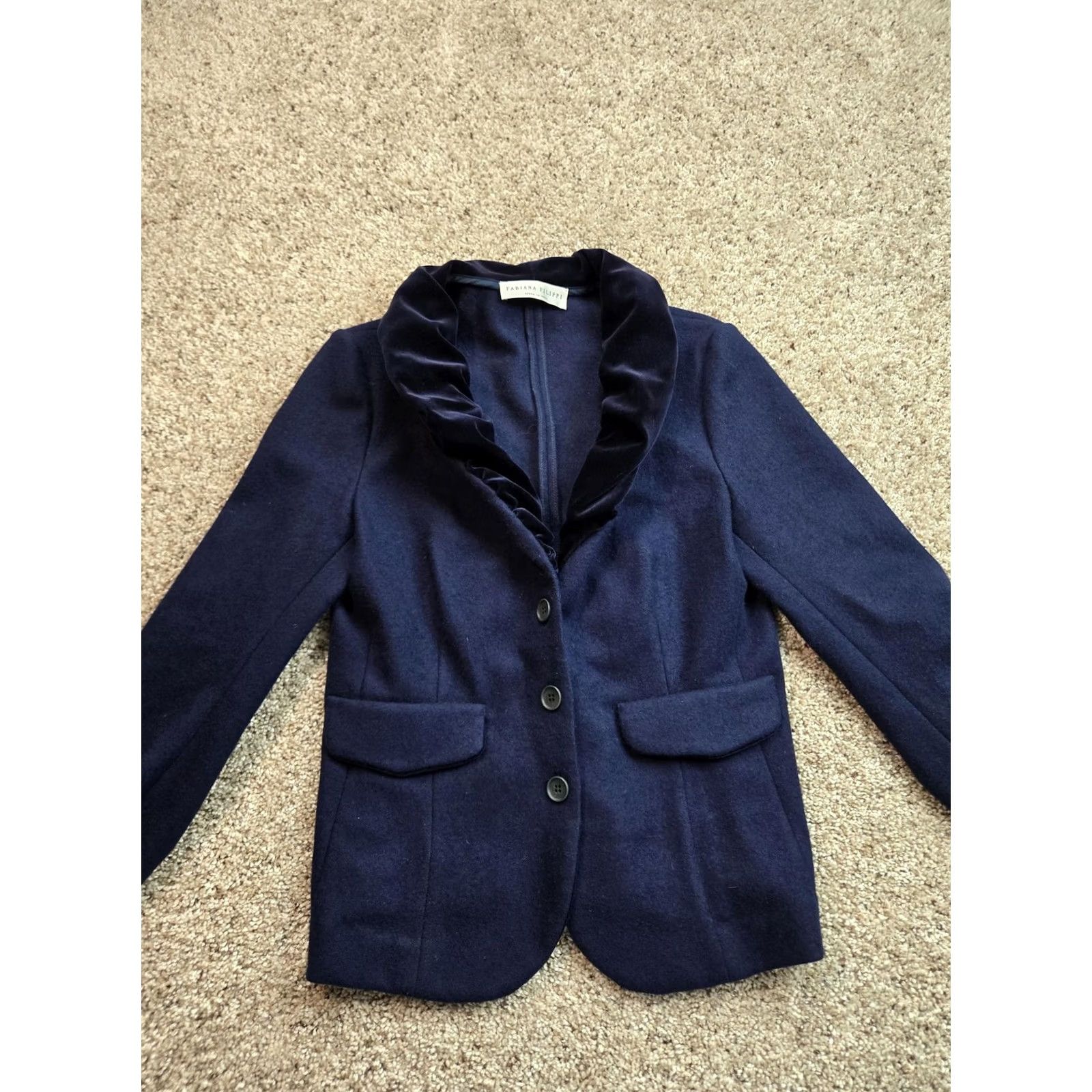 Fabiana Filippi VINTAGE Fabiana Filippi Blazer Jacket S Blue Wool Velvet Shawl Collar Italy Women Regular Button Three-Button Lined Tailored Dry Clean Only Size S / US 4 / IT 40 - 3 Thumbnail