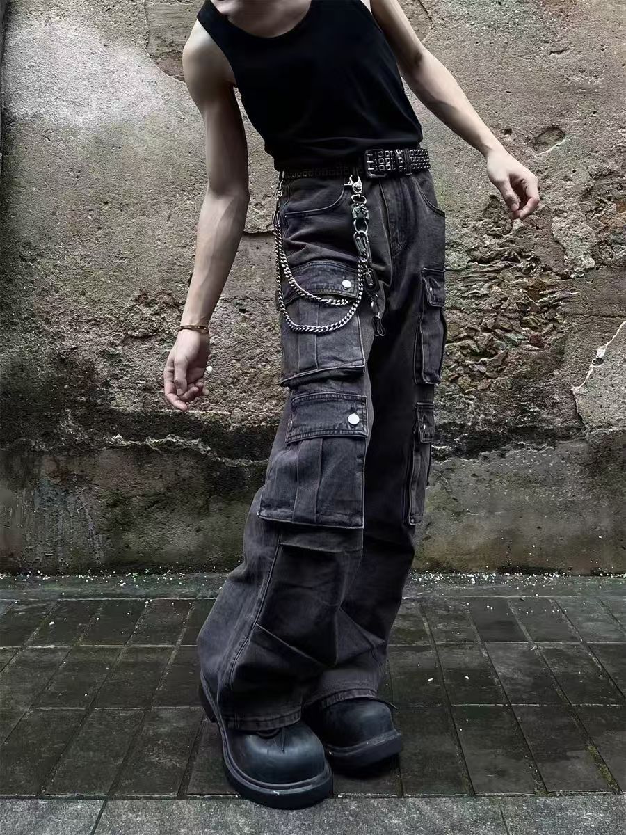 Japanese Brand × Jean Washed multi-pocket straight-leg workwear street jeans Size US 32 / EU 48 - 1 Thumbnail