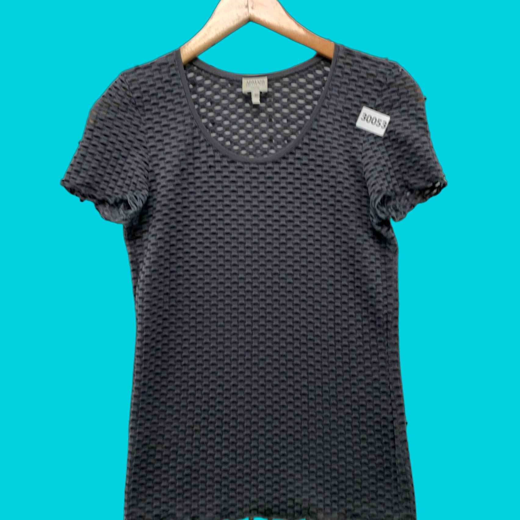 VINTAGE Armani Collezioni Knit T-Shirt Gray Womens Size 42 Fisherman Scoop Neck Made in Italy