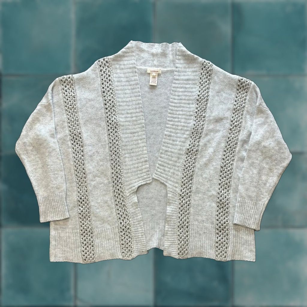 Vintage VINTAGE Sundance Cardigan Open Front Knit Ribbon Vertical Crochet Light Gray Womens L Size L / US 10 / IT 46 - 1 Thumbnail