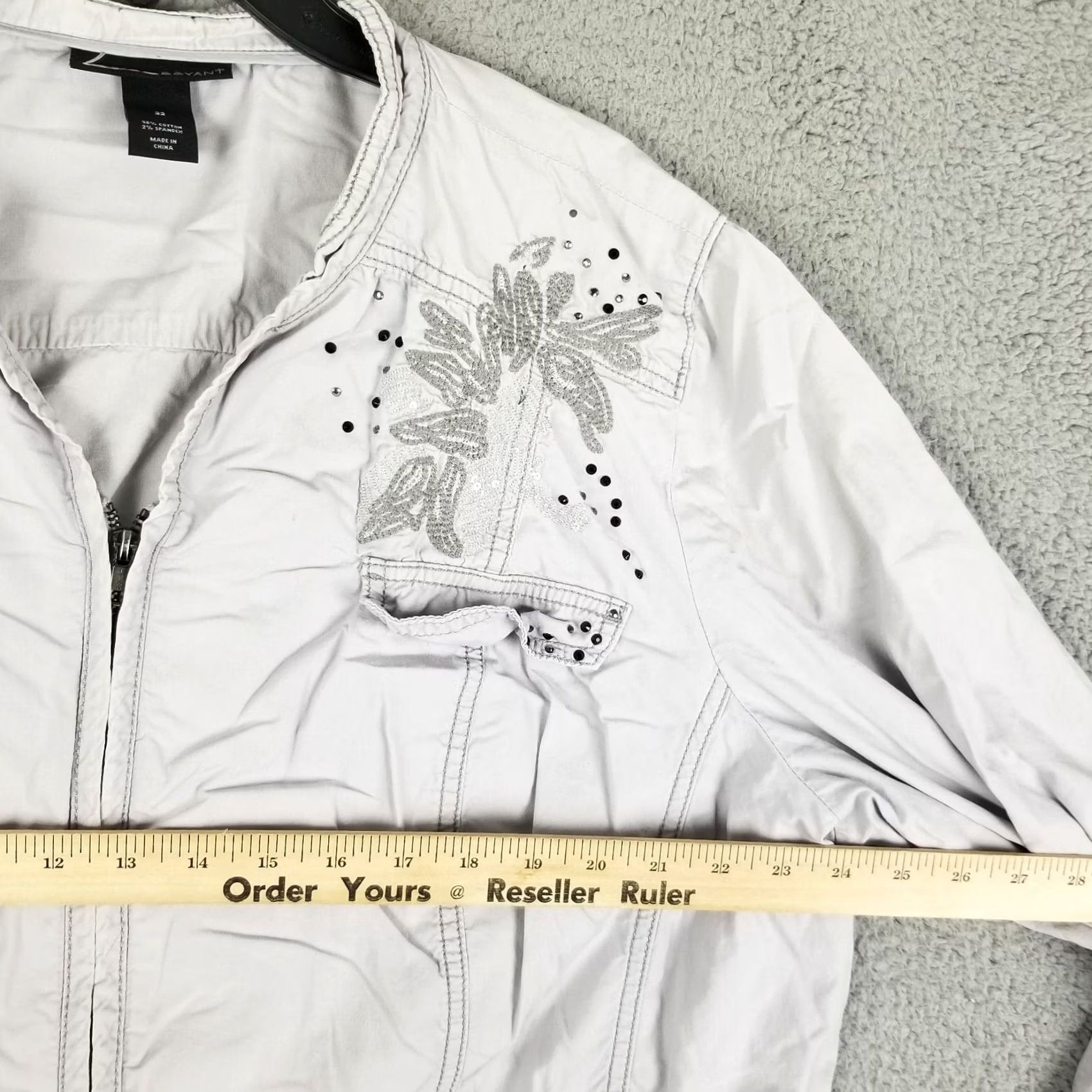 Vintage Lane Bryant Bomber Jacket Woman Plus 22 Cotton Canvas Embroidered Zip Distress Beaded Size 3XL / US 20-22 - 5 Thumbnail
