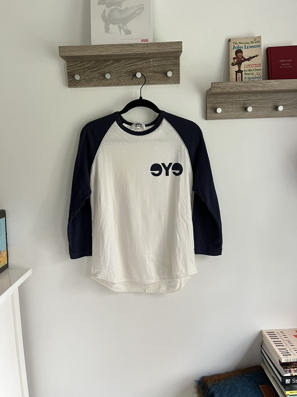 image of Junya Watanabe Junya Wantanabe Eye Three Quarter Sleeve Baseball Raglan in Navy, Men's (Size Small)