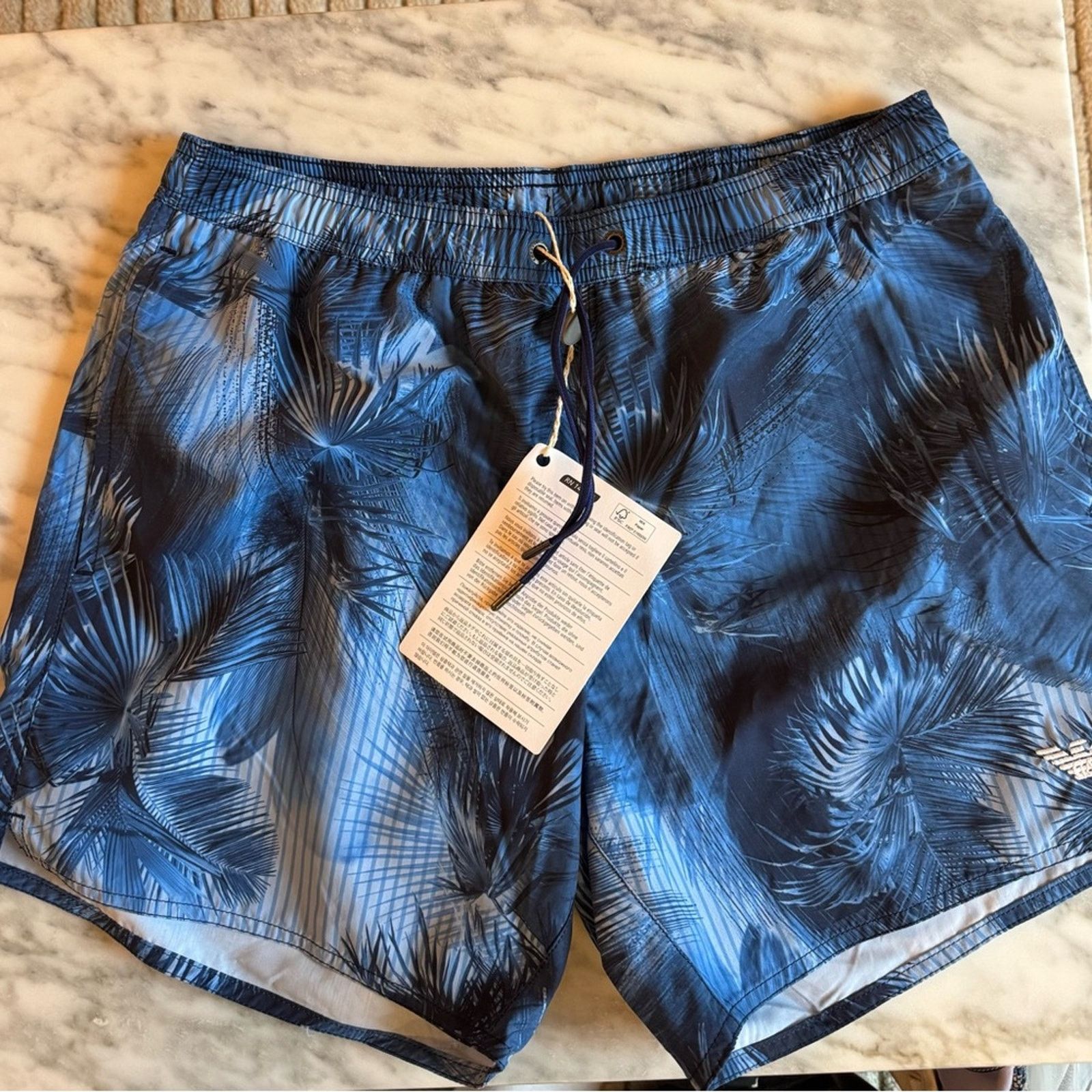 Emporio Armani Emporio Armani Men’s Swim Trunks Blue Palm Print NWT Size US 30 / EU 46 - 1 Thumbnail