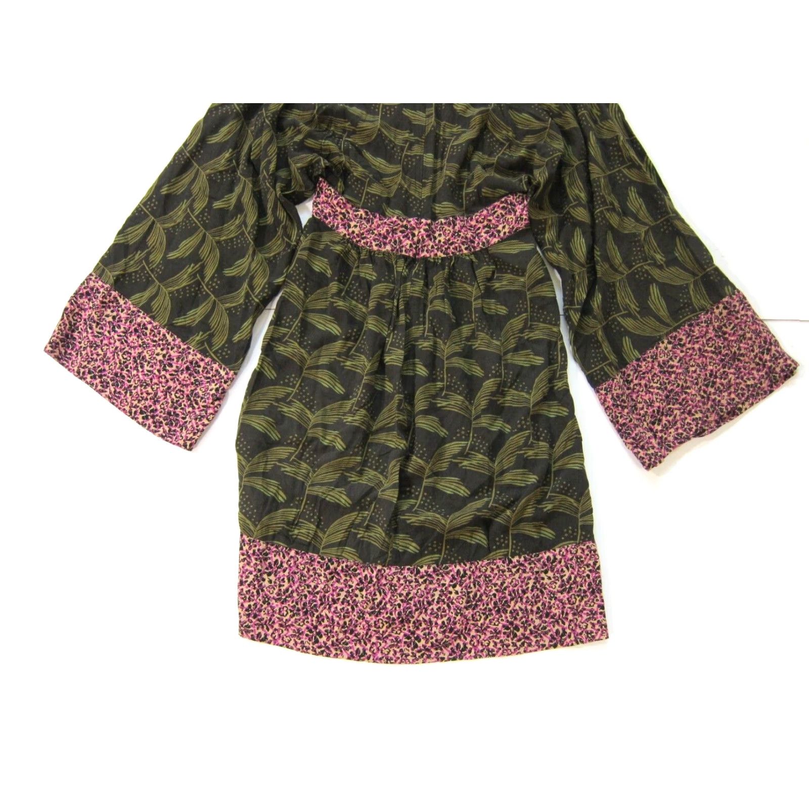 Pinko Rachel Roy Floral 100% Rayon Green Pink V-Neck Empire Dress Long Flare Sleeve Knee Length Women 2 Size XS / US 0-2 / IT 36-38 - 6 Thumbnail