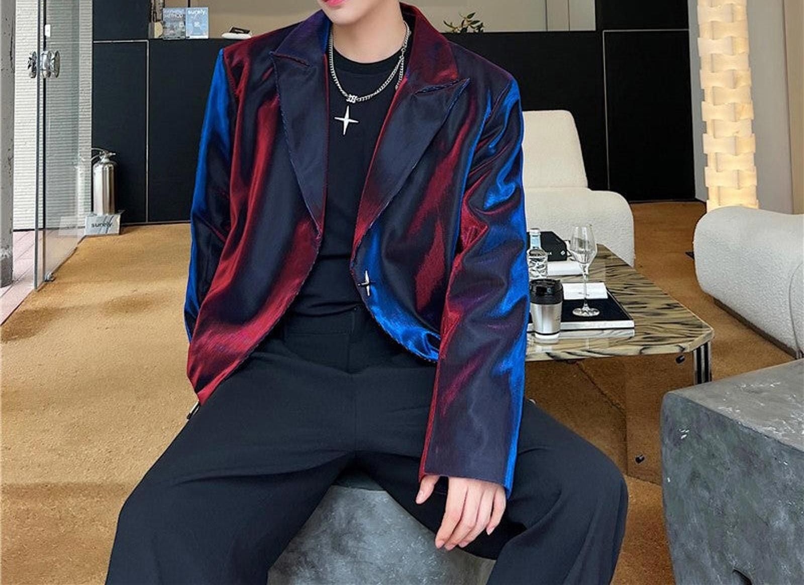 Japanese Brand Men's Shiny Colorblock Blazer, Slim Fit Jacket Size 38R - 2 Thumbnail