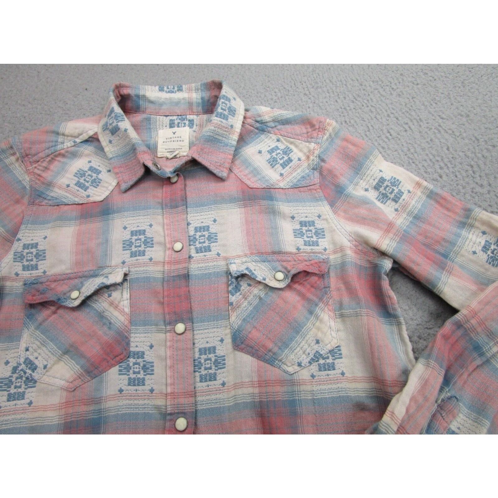 American Eagle Outfitters American Eagle Plaid Long Sleeve Shirt Womens Small Pink Blue Embroidered Snap Button-Up Western Cowgirl Bohemian Womens Size S / US 4 / IT 40 - 2 Thumbnail