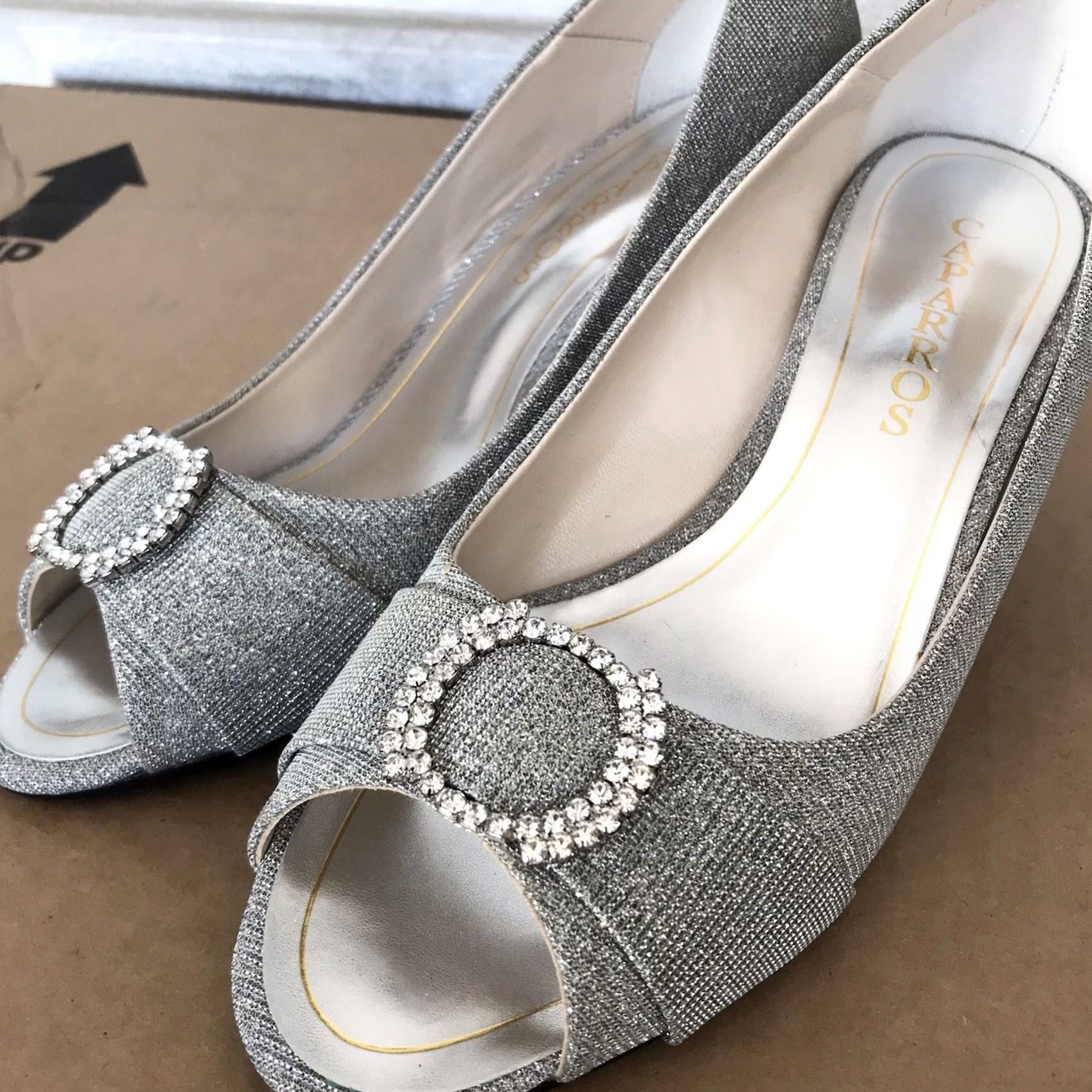 Vintage Caparros Women Silver Nohr Rhinestone Ornament Peep Toe Slip-On Heels Pumps 10 B Caparros NOHR Wedding Party Size US 10 / IT 40 - 3 Thumbnail