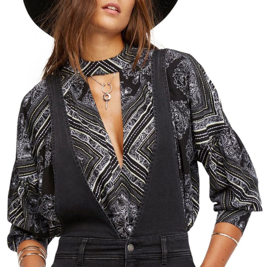 Free People Womens Tunic Size Small Black Print Blouse, Women's