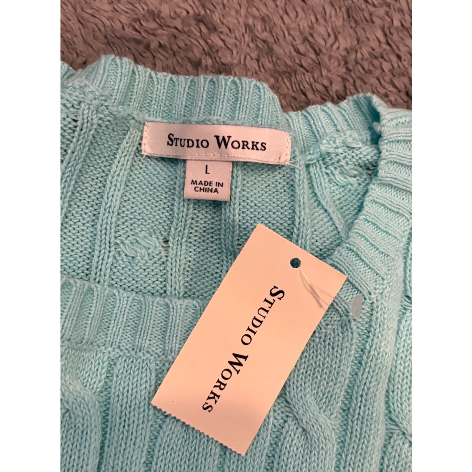 Vintage NWT Studio Works Sweater Womens Large Blue Cable Knit Crew Neck Pullover Size L / US 10 / IT 46 - 2 Thumbnail