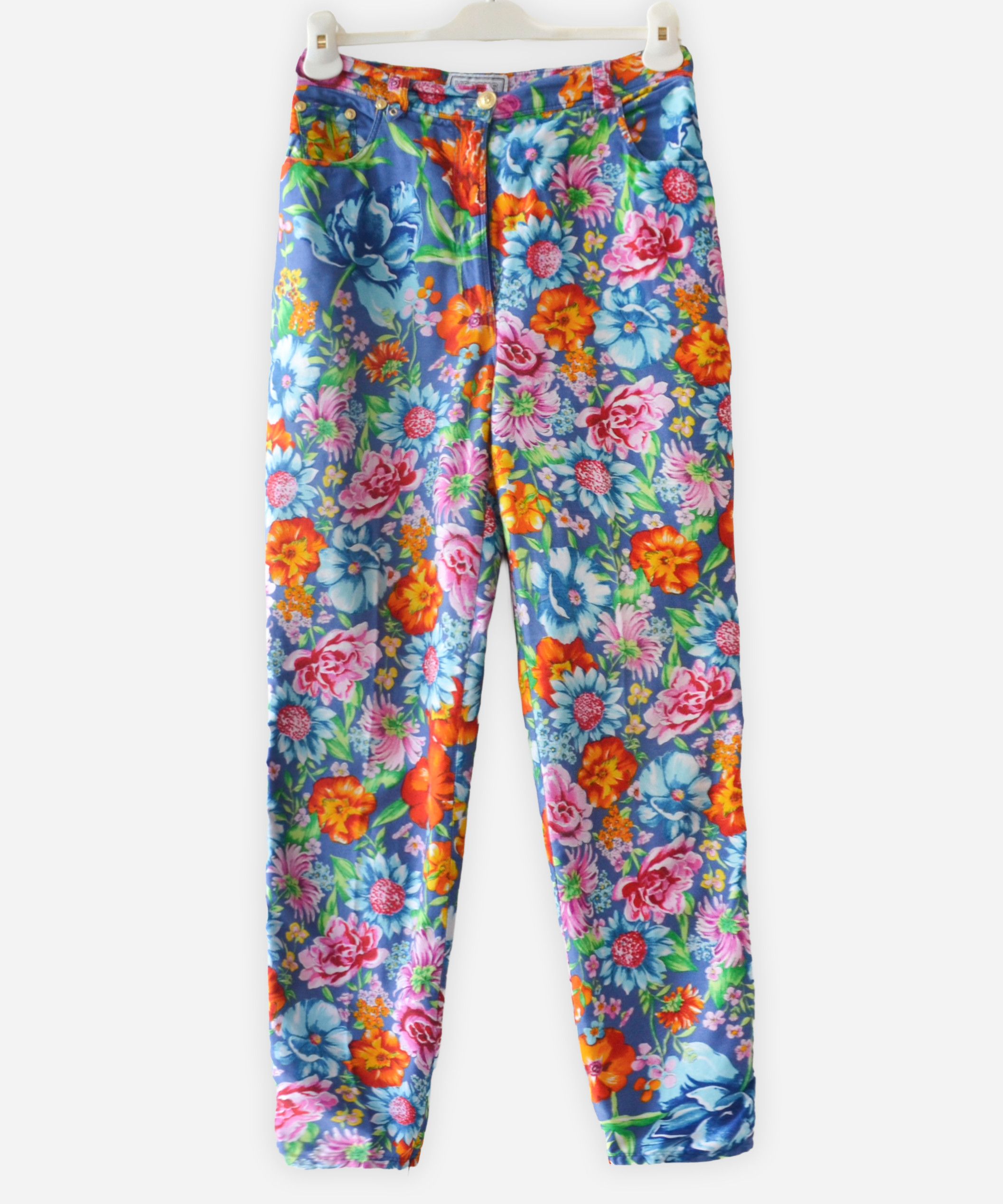 VERSUS Pants Trousers Blue Flower Floral Print 90s Cotton