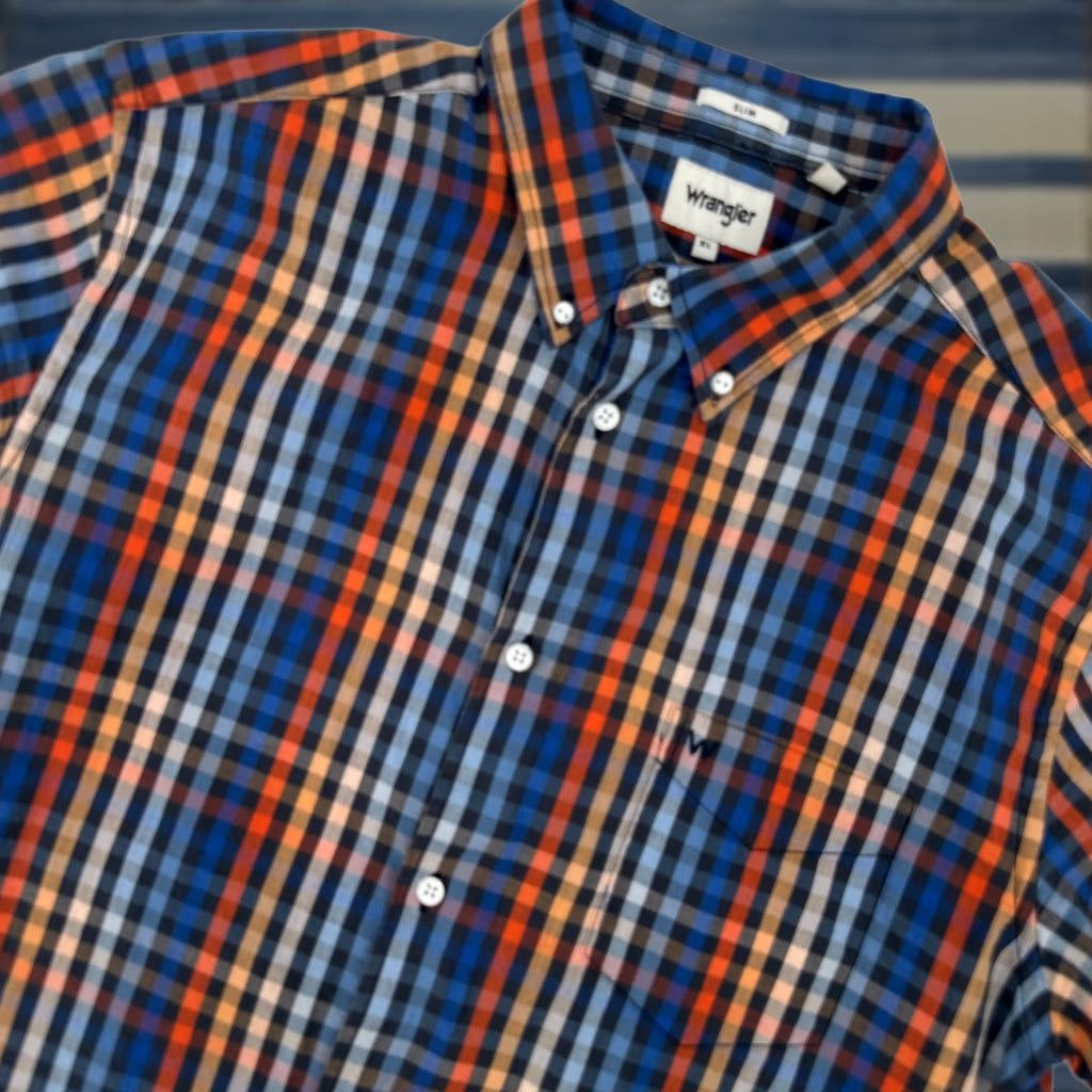 Wrangler Wrangler Shirt Plaid Short Sleeve Button-Down Mens XL Slim Fit Blue Orange Black Casual Shirt Accessories: Button, Chest Pocket, W Logo Size US XL / EU 56 / 4 - 1 Thumbnail