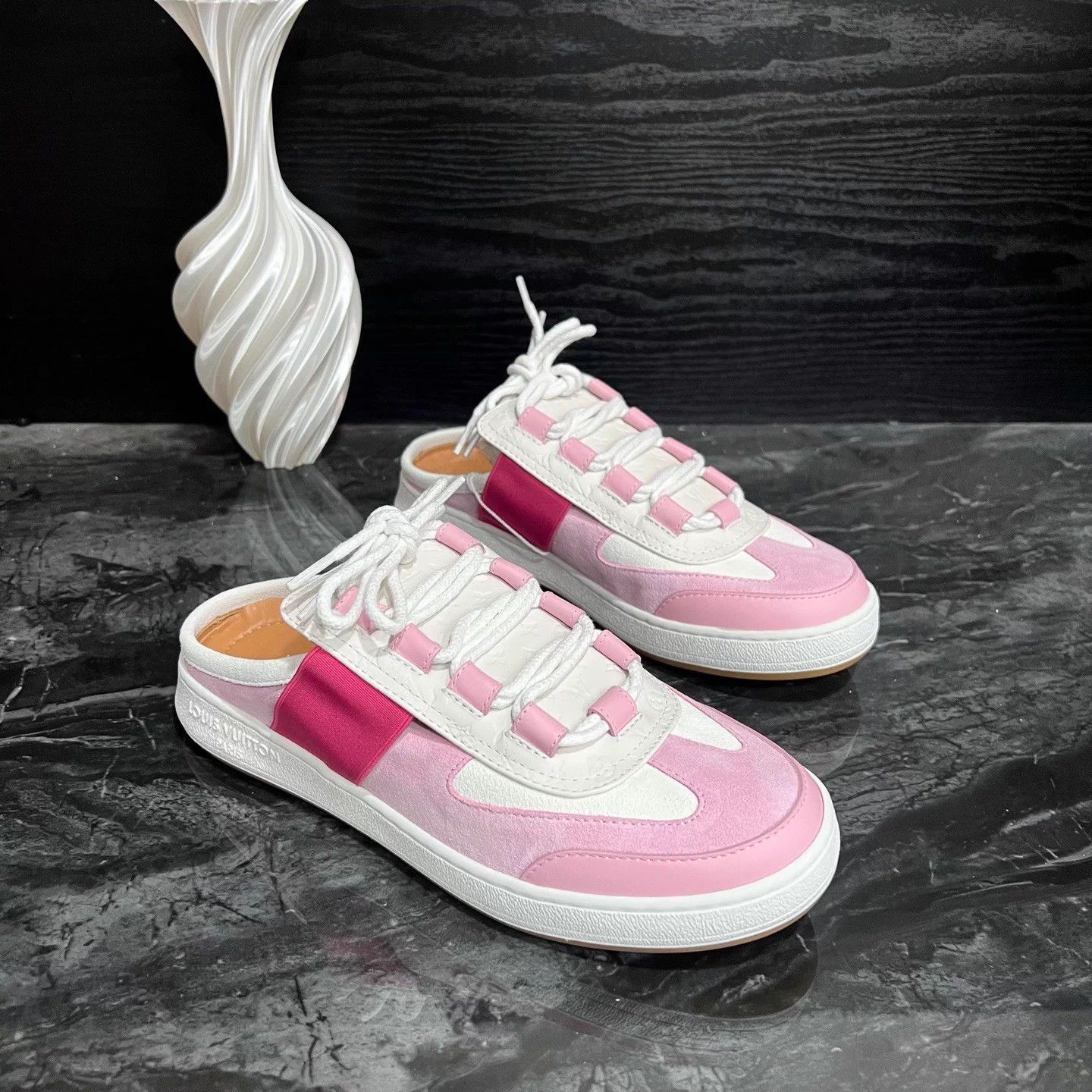 Louis Vuitton LV Pink/White 38 Embossed All Over Print Slip-On Shoes New Size US 7 / IT 37 - 3 Thumbnail