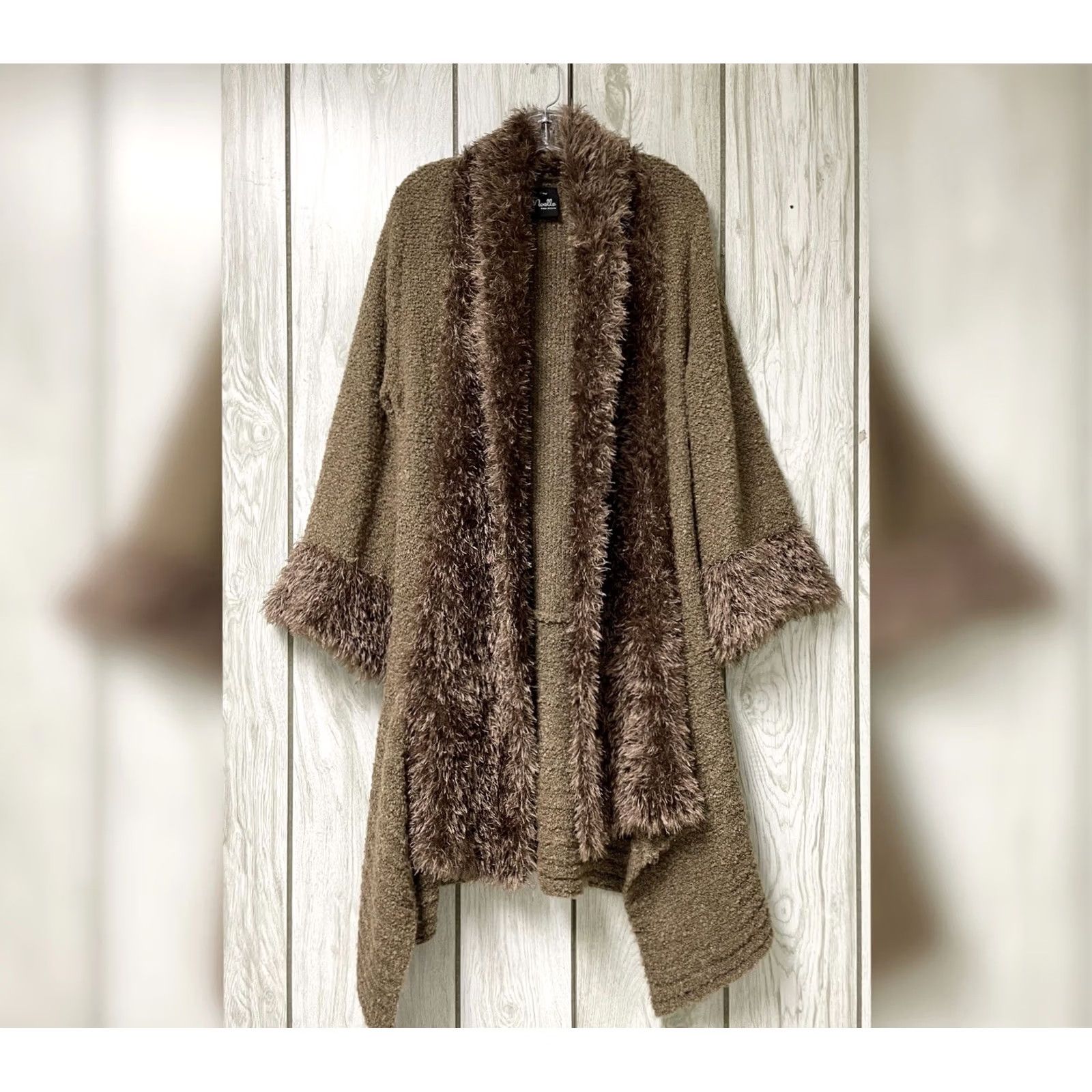 Vintage Noelle Women Cardigan Sweater OS Brown Linen Cashmere Blend Faux Fur Trim Open Front Size ONE SIZE - 3 Thumbnail