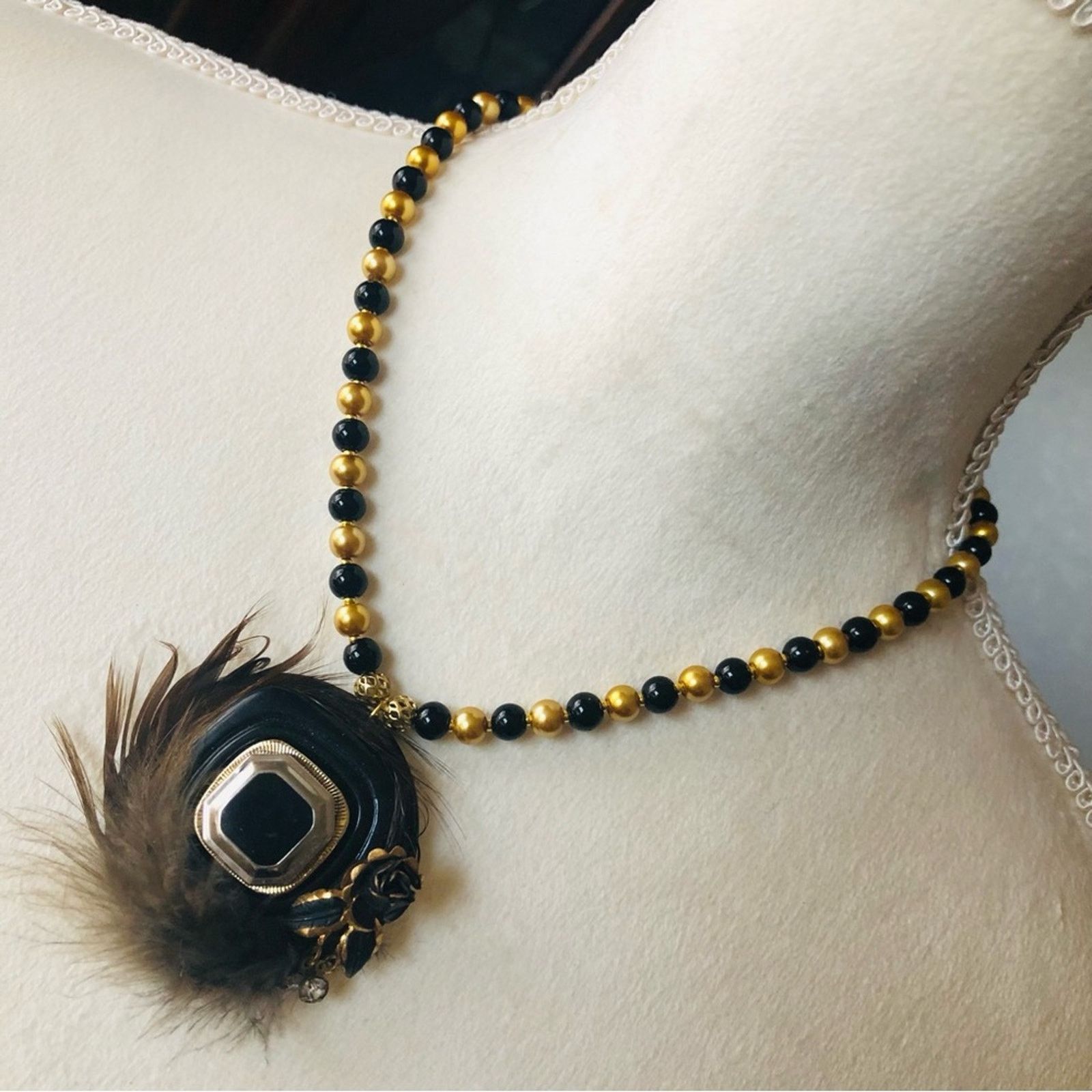 Handmade Handcrafted repurpose enamel feather crystal Pearl necklace Size ONE SIZE - 1 Thumbnail