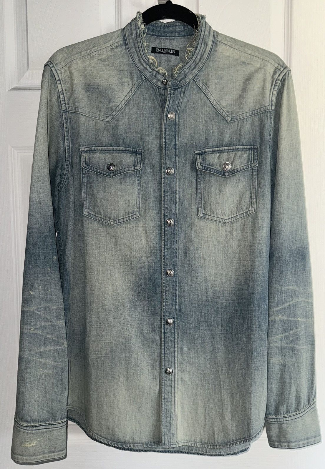 image of Balmain Distressed Denim Button-Up in Wash Denim, Men's (Size Medium)