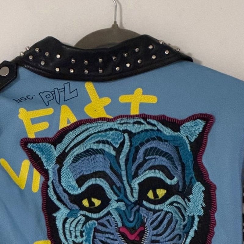 Azalea Wang Azalea Wang Blue Faux Leather Moto Jacket Zebra Sleeve Small Size S / US 4 / IT 40 - 10 Thumbnail