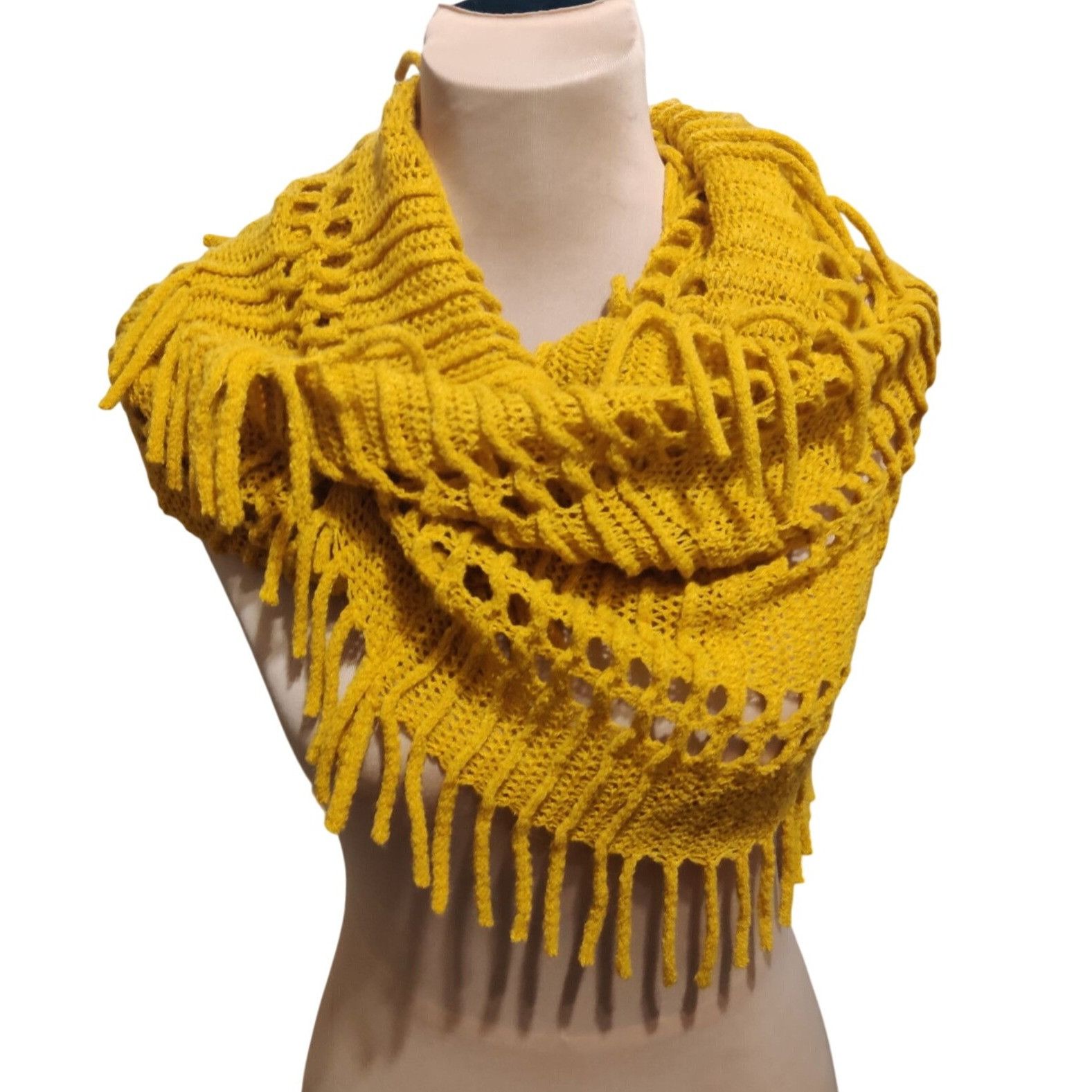 Other Anna & Ava Mustard Yellow Crochet Fringe Infinity Scarf Open Size ONE SIZE - 1 Thumbnail