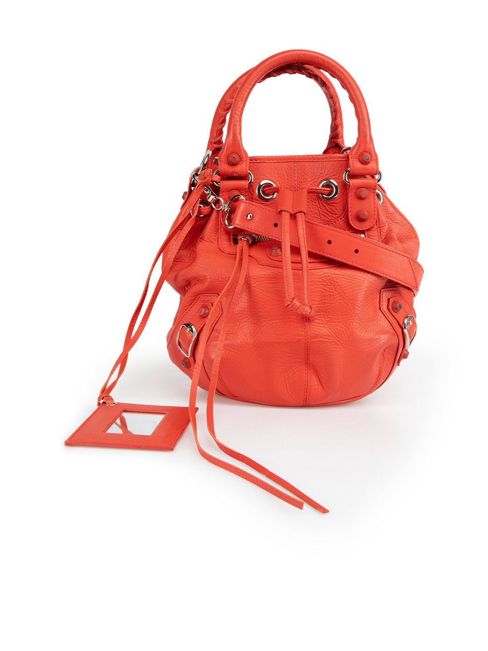 image of Balenciaga Red Leather Motocross Classic Mini Pompon Bag, Women's