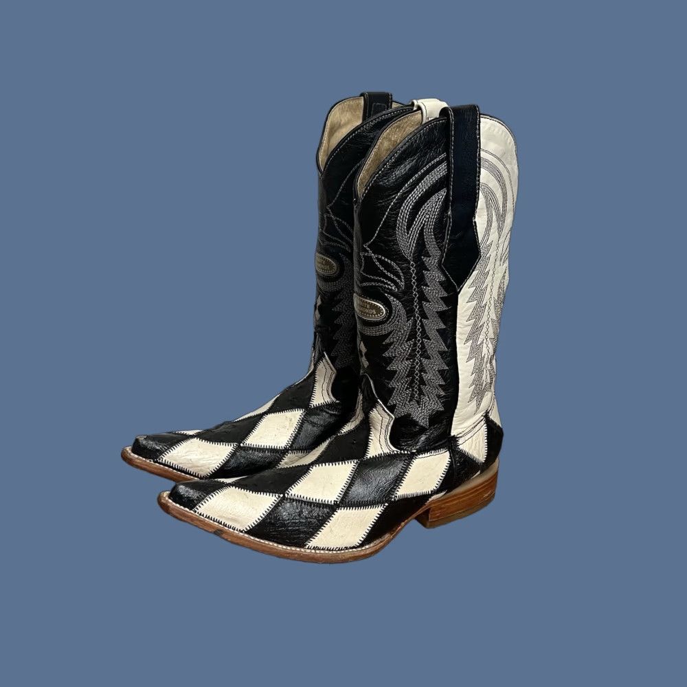 Vintage VINTAGE White Diamonds Boots Cowboy Boot Mens 6 Black Leather Western Mid-Calf Check Pattern Pointed Toe Size US 6 / EU 39 - 1 Thumbnail