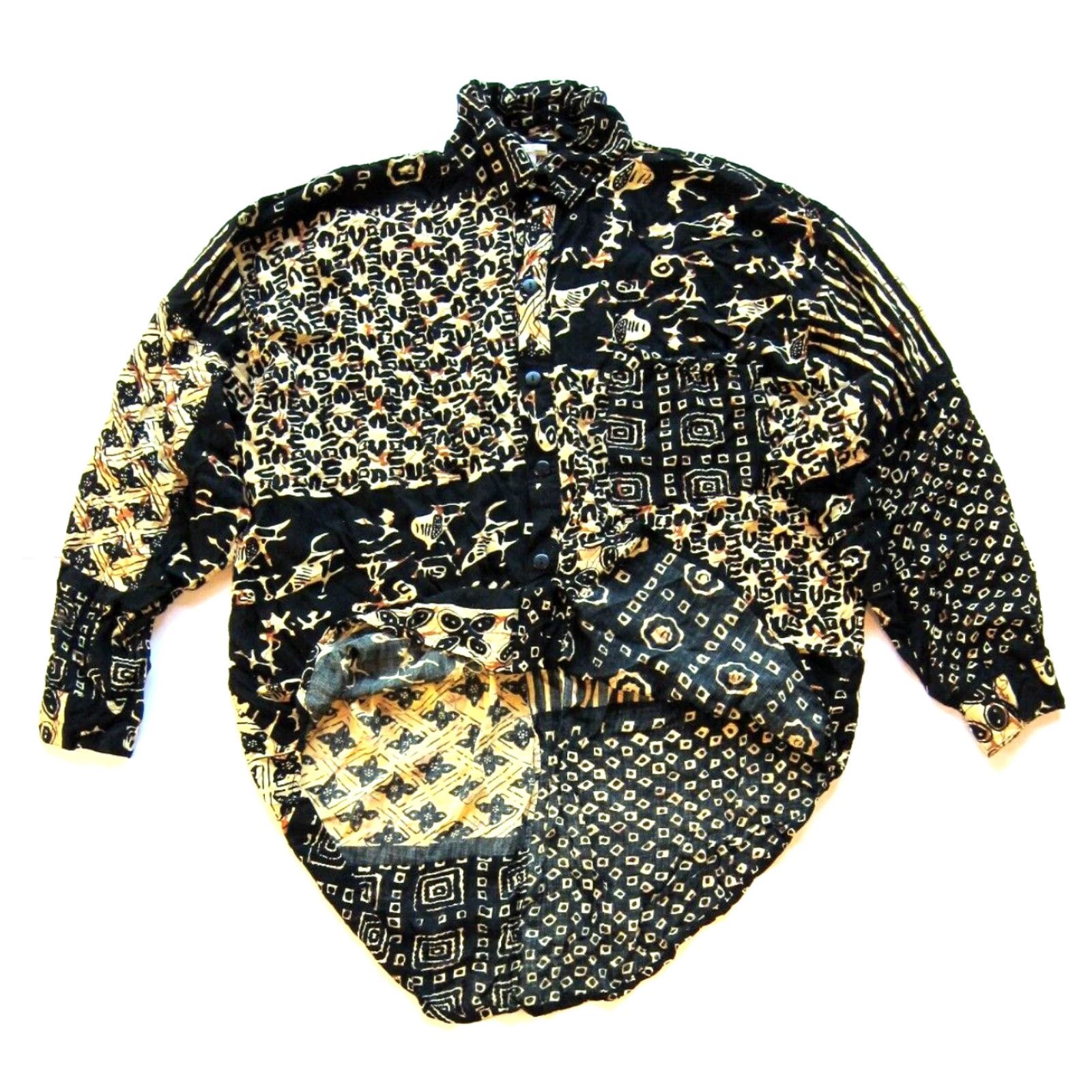 Vintage VINTAGE Ana Mori Shirt Men L-XL 100% Rayon Black Yellow Brown Long sleeve Button-Up Collared 80s 90s Casual Mens Size US L / EU 52-54 / 3 - 6 Thumbnail