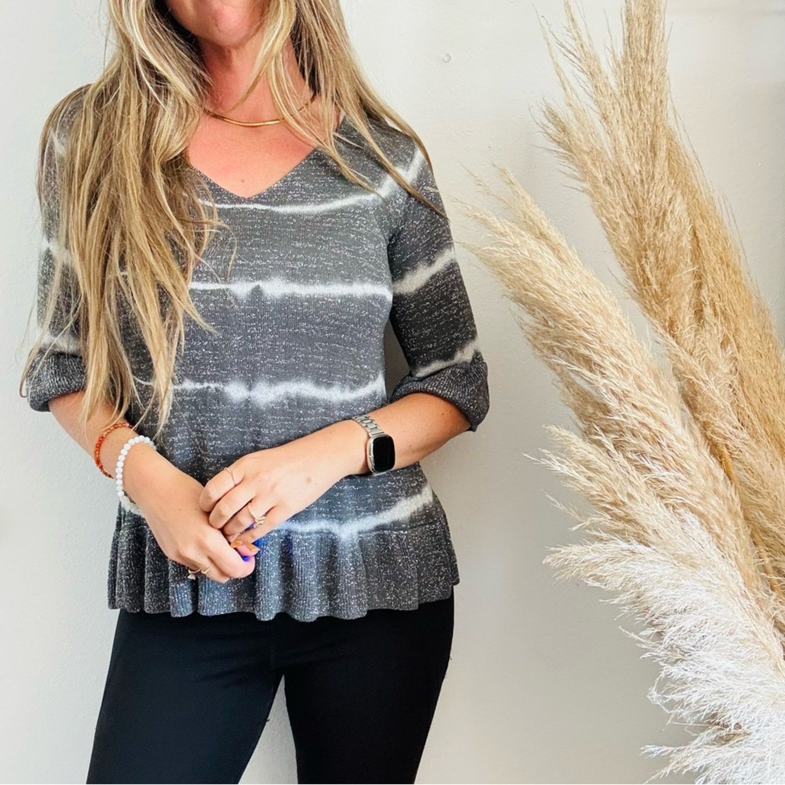 Vintage VINTAGE Metallic Silver Grey Ruffle Sweater White Stripe M Size M / US 6-8 / IT 42-44 - 10 Thumbnail