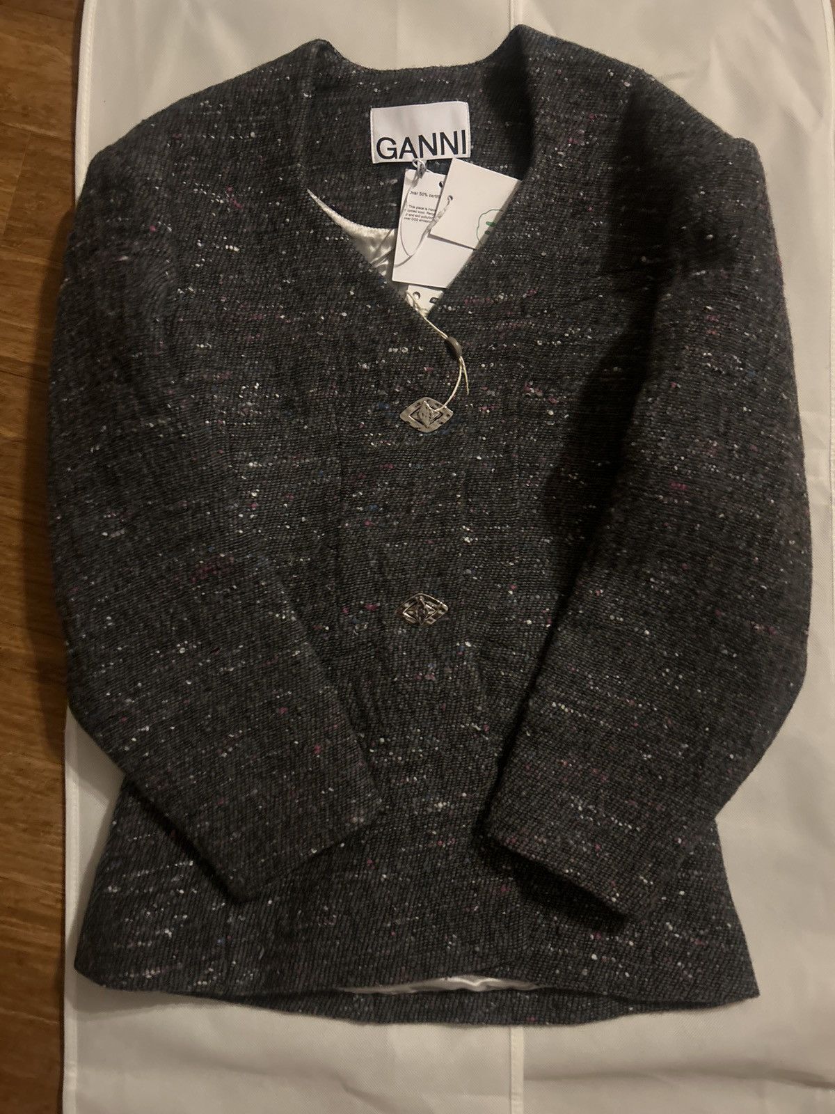 Ganni GANNI Donegal wool-blend bouclé-tweed jacket Anthracite Size S / US 4 / IT 40 - 9 Thumbnail
