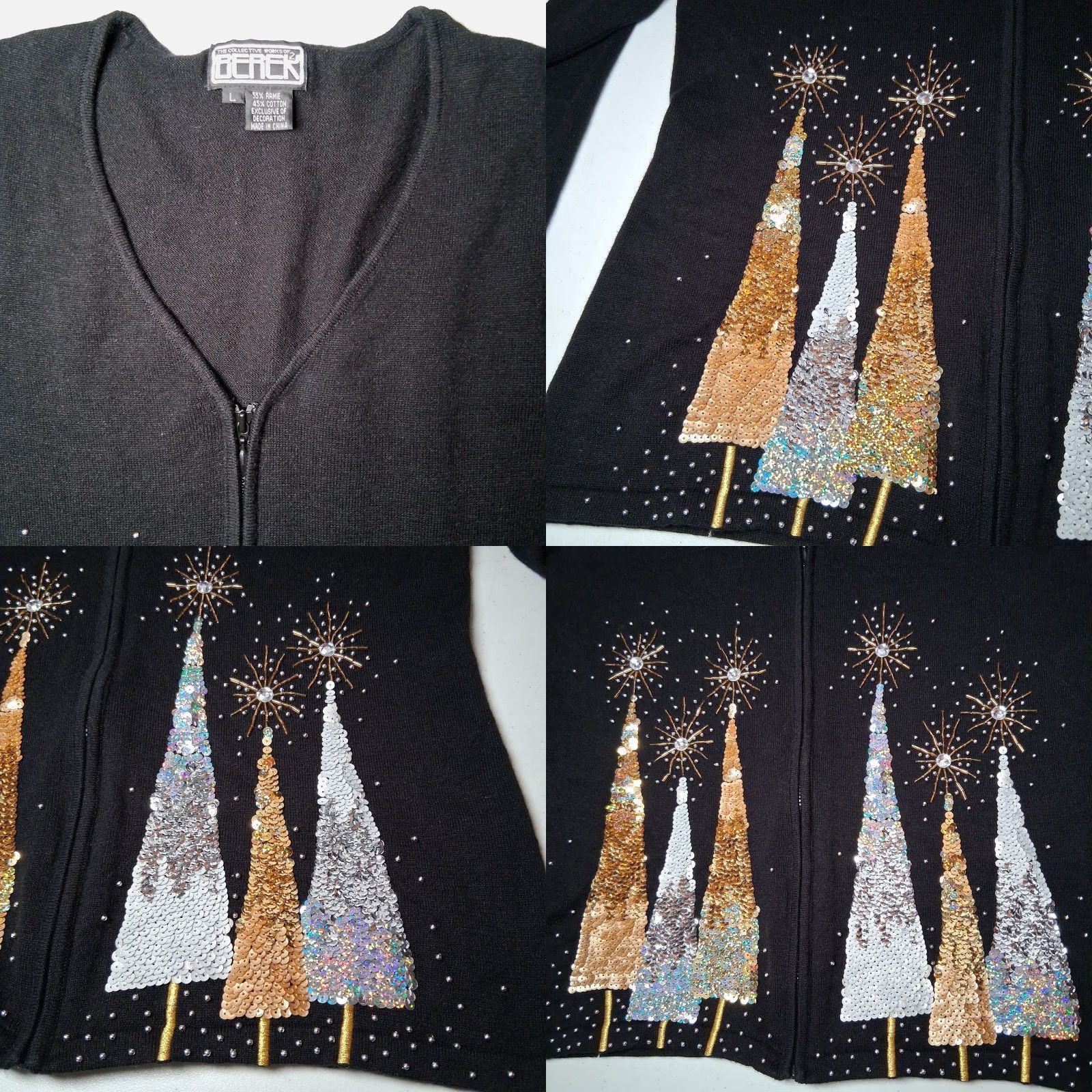 Vintage Berek Cardigan Sweater L Black Beaded Sequins Christmas Pine Tree Winter Womens Size L / US 10 / IT 46 - 8 Thumbnail