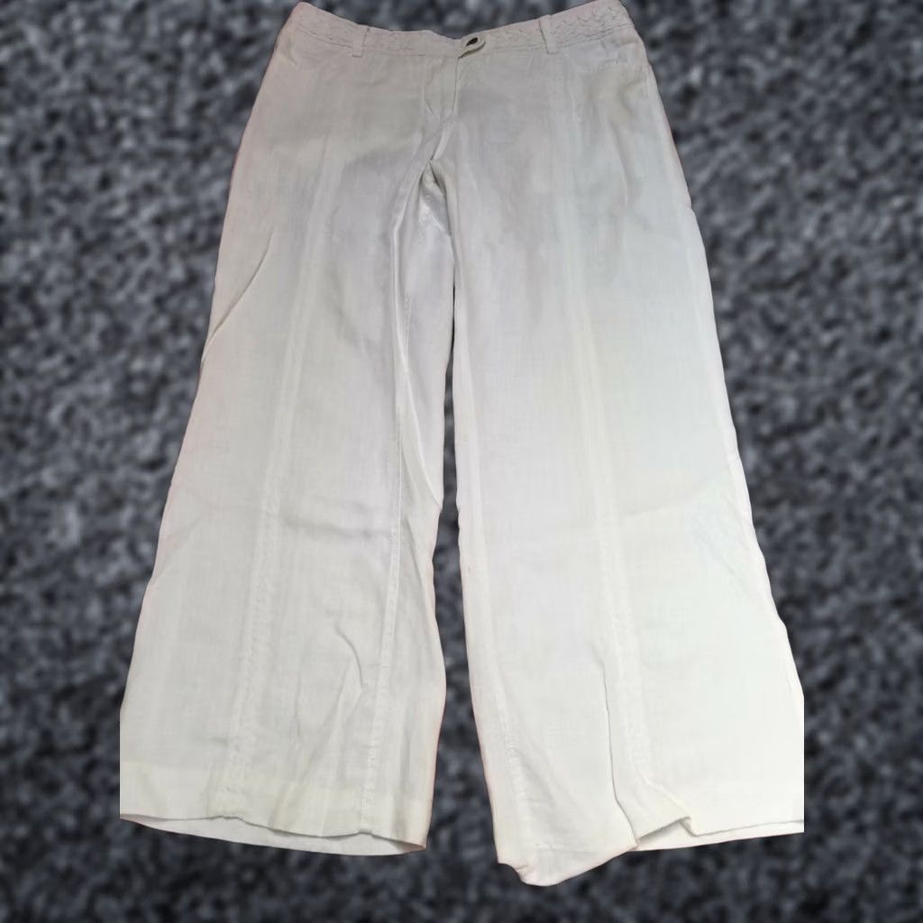 Vintage Womens High Rise Pants Extended Button Tab Braided Waist 100% Linen White Sz 14 Size 36" / US 14 / IT 50 - 1 Thumbnail