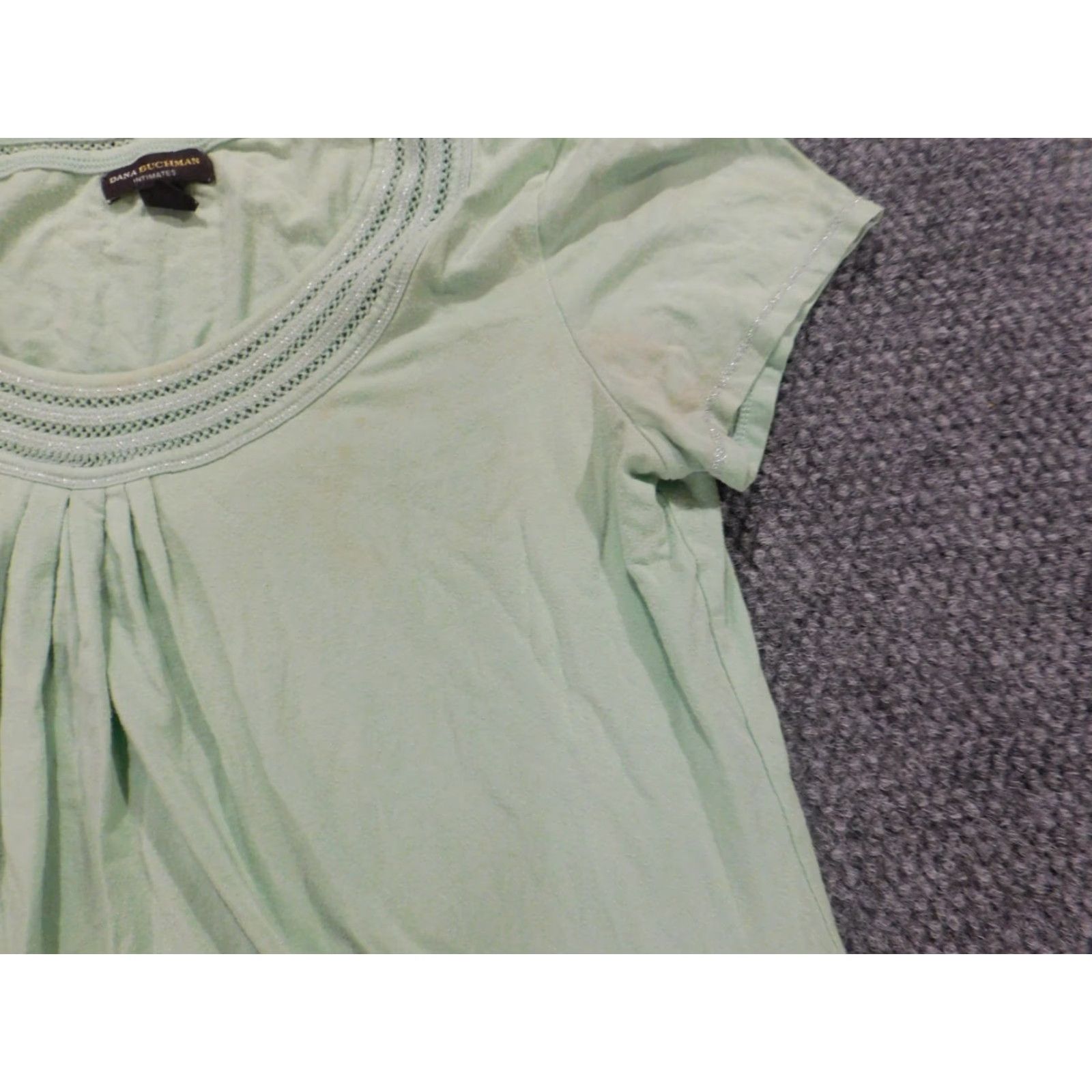 Vintage Dana Buchman Blouse Womens Medium Green Pullover Short Sleeve Round Neck Cotton Rayon Geometric Pattern Ruffle Stretch Casual Regular Vintage No Size M / US 6-8 / IT 42-44 - 5 Thumbnail