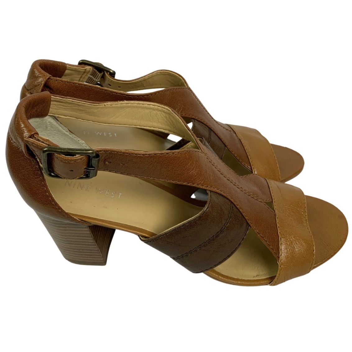 Nine West VINTAGE Nine West 9M 3" Chunk Heel Sandal Brown Two Tone Ankle Strap Women's 7LYNN - good condition, lightly worn Size US 9 / IT 39 - 2 Thumbnail
