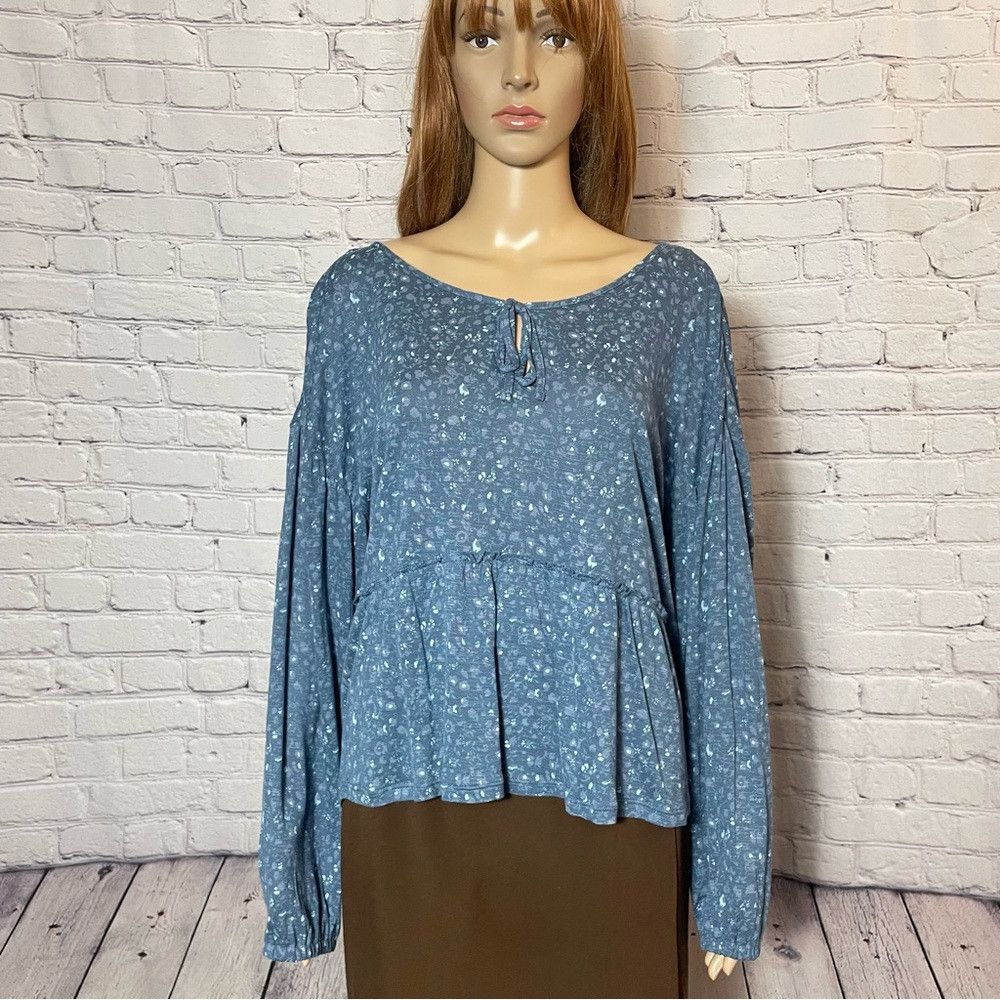 Lucky Brand NWT New Lucky Brand Ditsy Long Sleeve Peplum Blue Viscose T Size L / US 10 / IT 46 - 3 Thumbnail