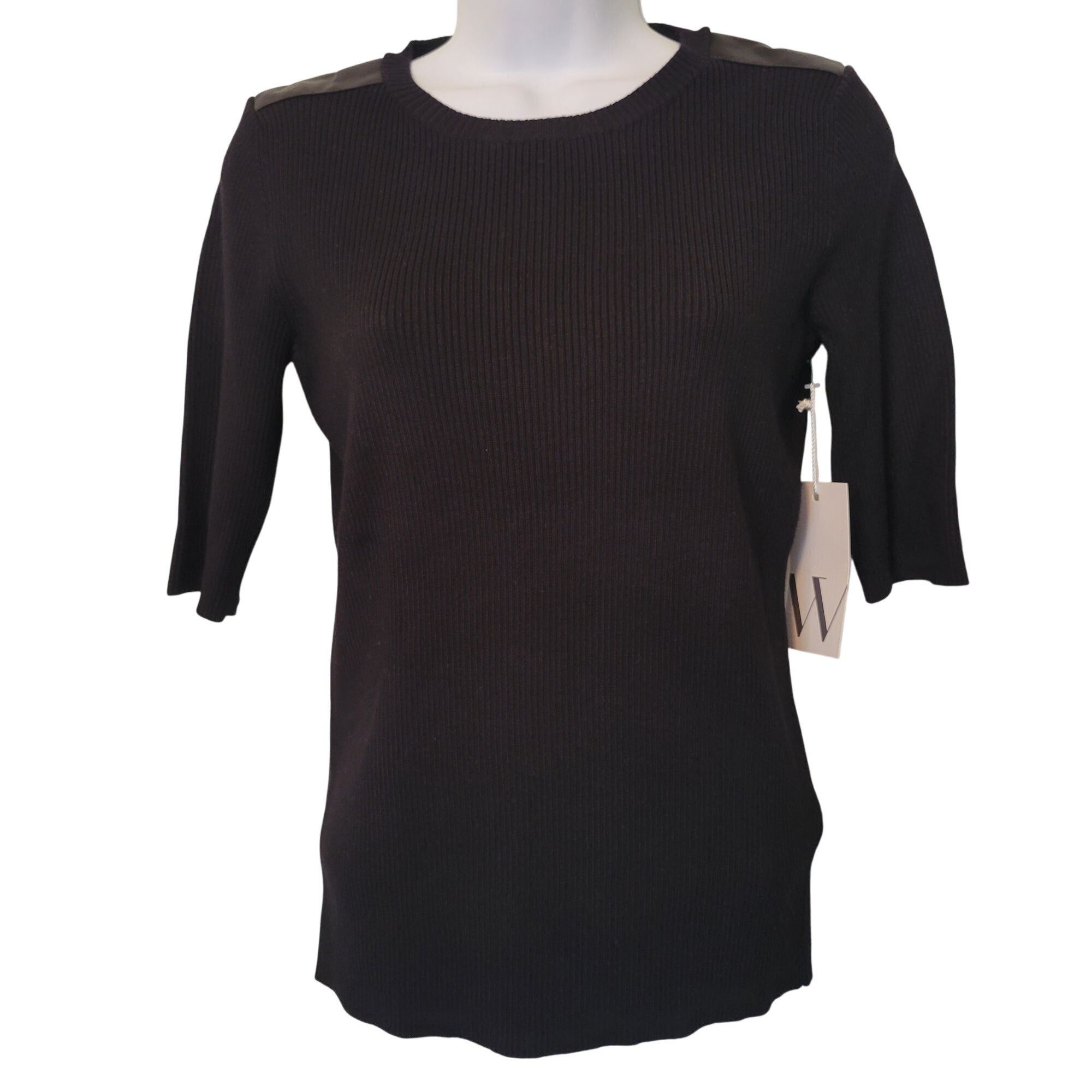 Worthington Worthington S Black Ribbed Knit Sweater Faux Leather Shoulde Size S / US 4 / IT 40 - 1 Thumbnail