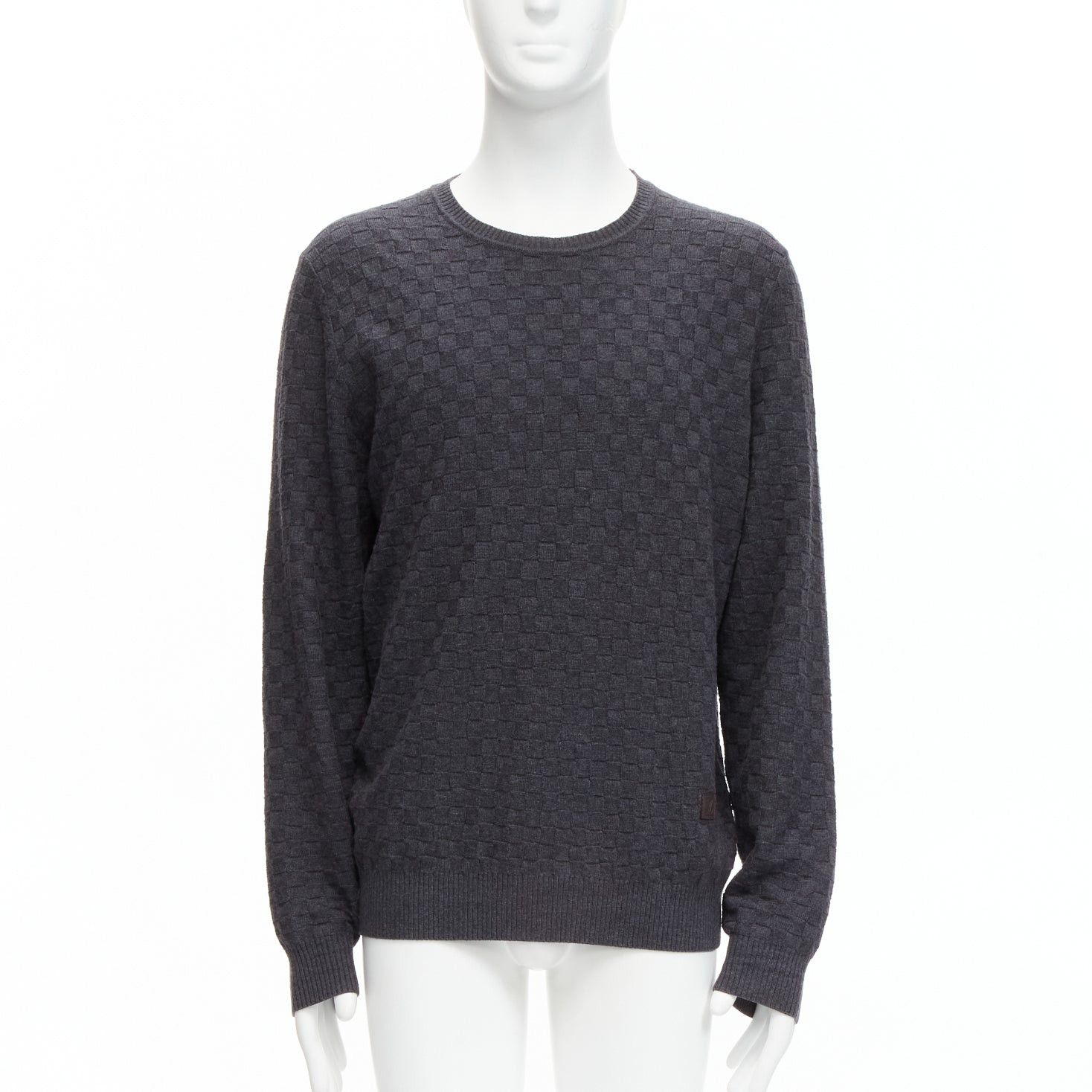 LOUIS VUITTON Damier grey wool cotton checks LV leather patch sweater L