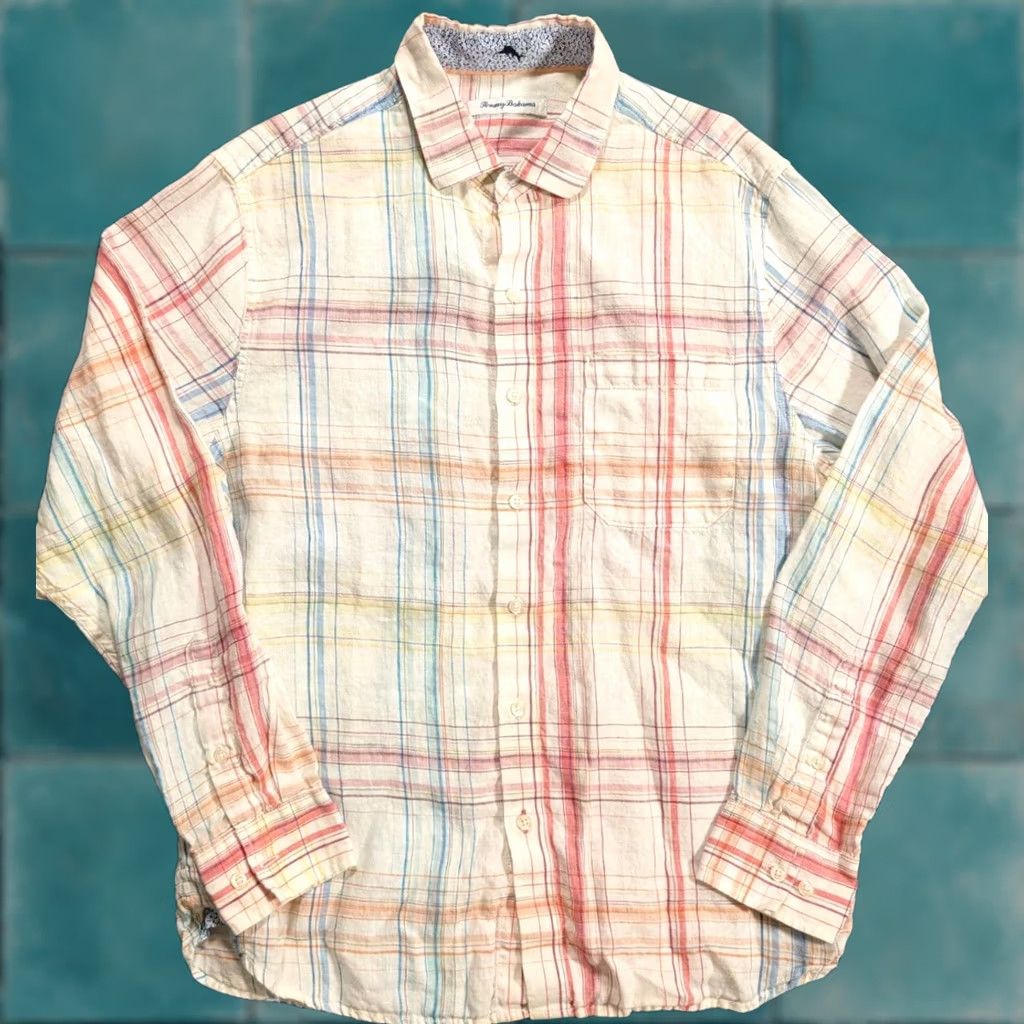 Tommy Bahama Tommy Bahama Button-Up Shirt Long Sleeve Linen Plaid Ivory White M Men’s Size US M / EU 48-50 / 2 - 1 Thumbnail