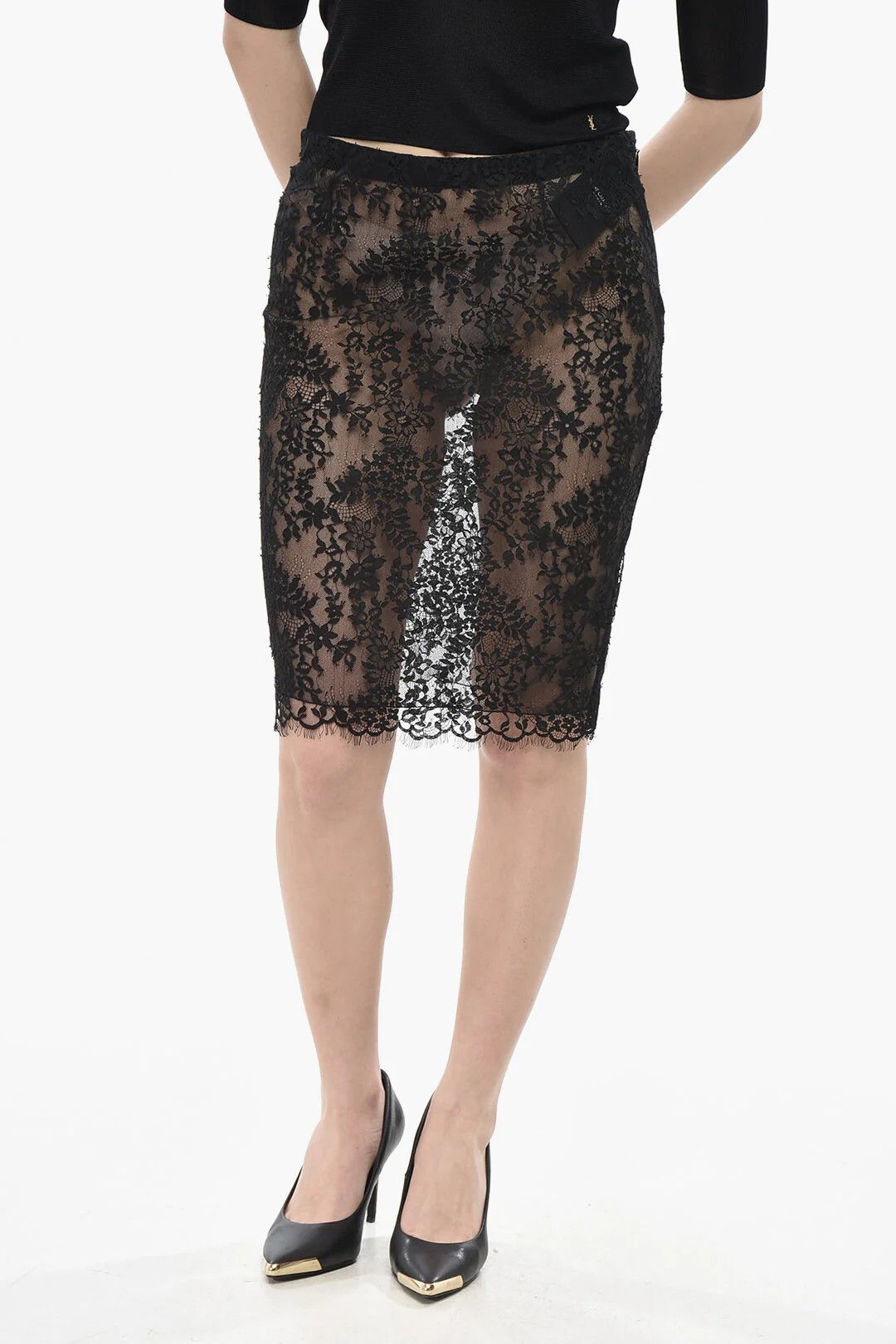 Saint Laurent Paris og1mm0326 Midi Lace Skirt in Black Size 27" / US 4 / IT 40 - 1 Thumbnail