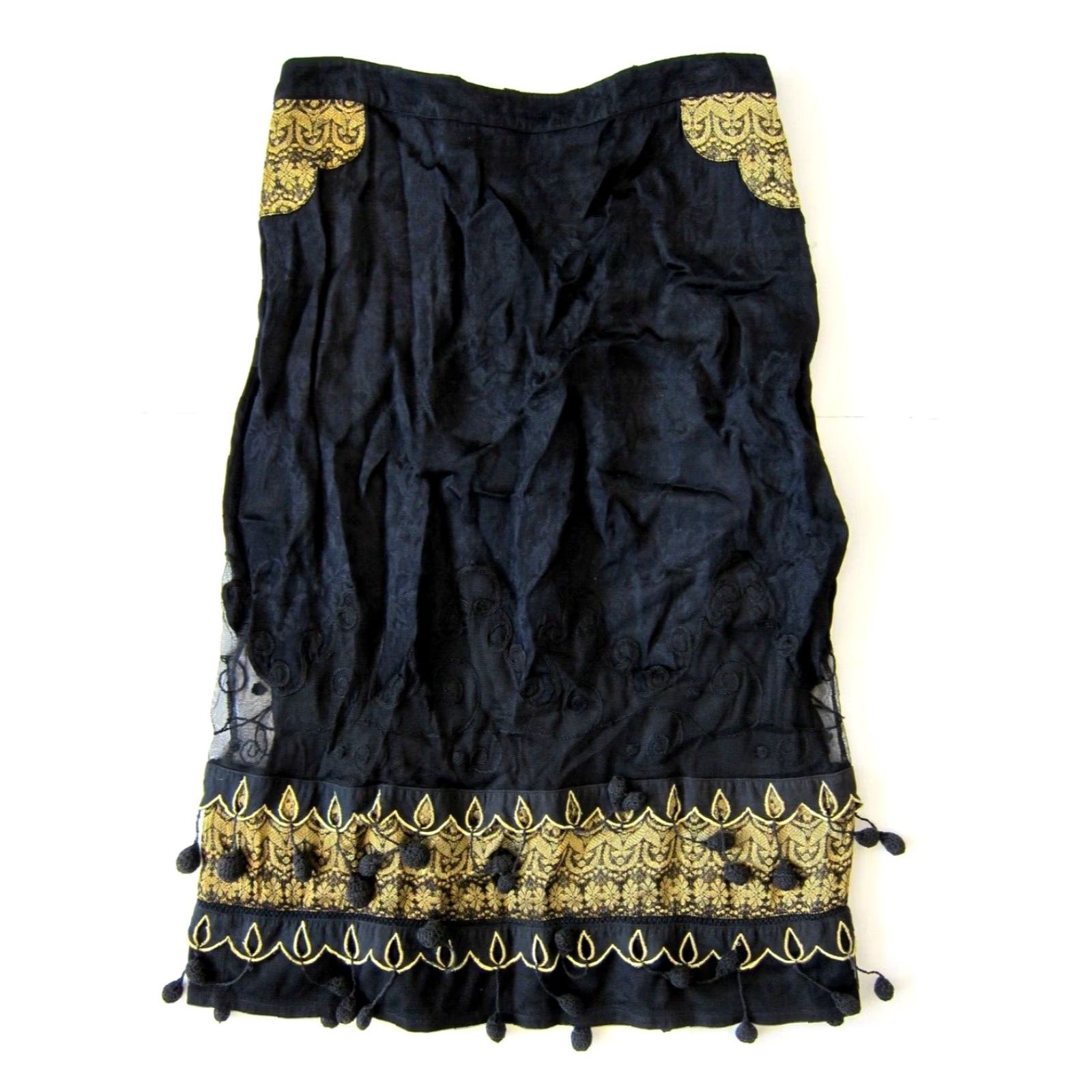 Vintage Nataya 100% Rayon Black Gold Fringe Long Maxi Skirt Medium Size 32" / US 10 / IT 46 - 2 Thumbnail