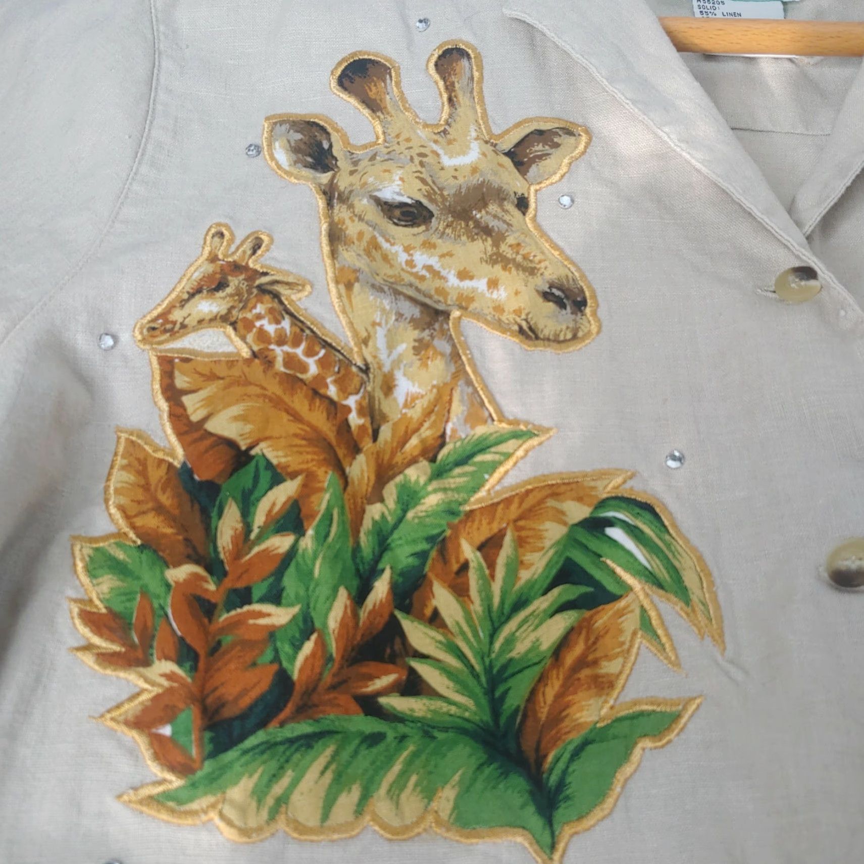 Quacker Factory The Quacker Factory Blouse Large Animal Print Linen Shirt with Rhinestones for Women, Brown, Safari Theme Size L / US 10 / IT 46 - 3 Thumbnail