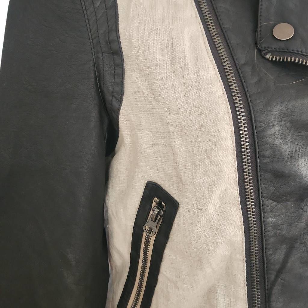 Bar III Bar III Women's Size Medium Black Cream Faux Leather Linen Moto Jacket Size M / US 6-8 / IT 42-44 - 3 Thumbnail