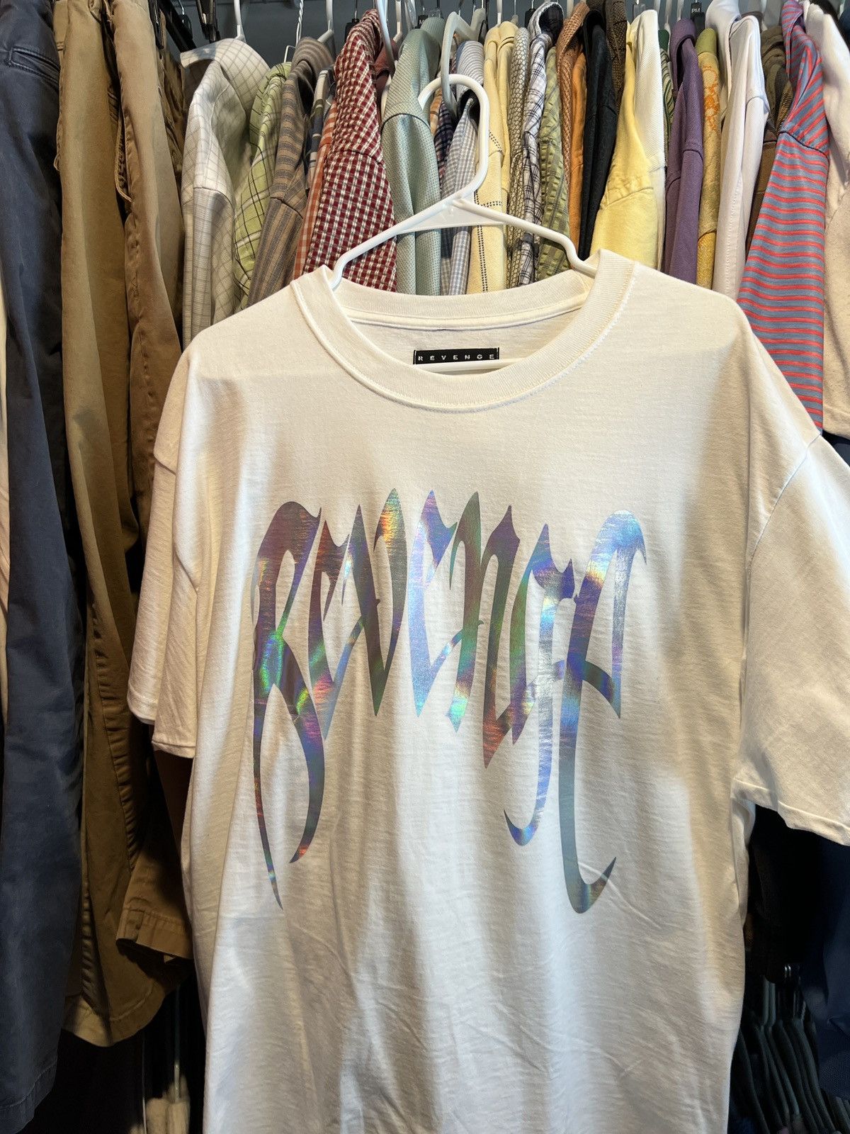 Revenge Iridescent Arch Logo LA pop up tee