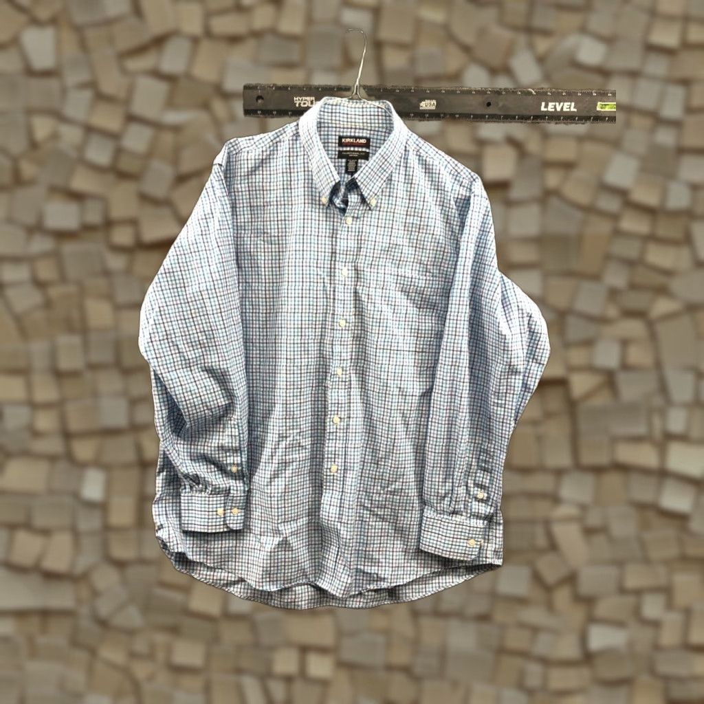 Vintage Kirkland Signature Button-Up Shirt Mens 17.5 Non-Iron Long Sleeve Blue Check (Regular) Size US XXL / EU 58 / 5 - 1 Thumbnail