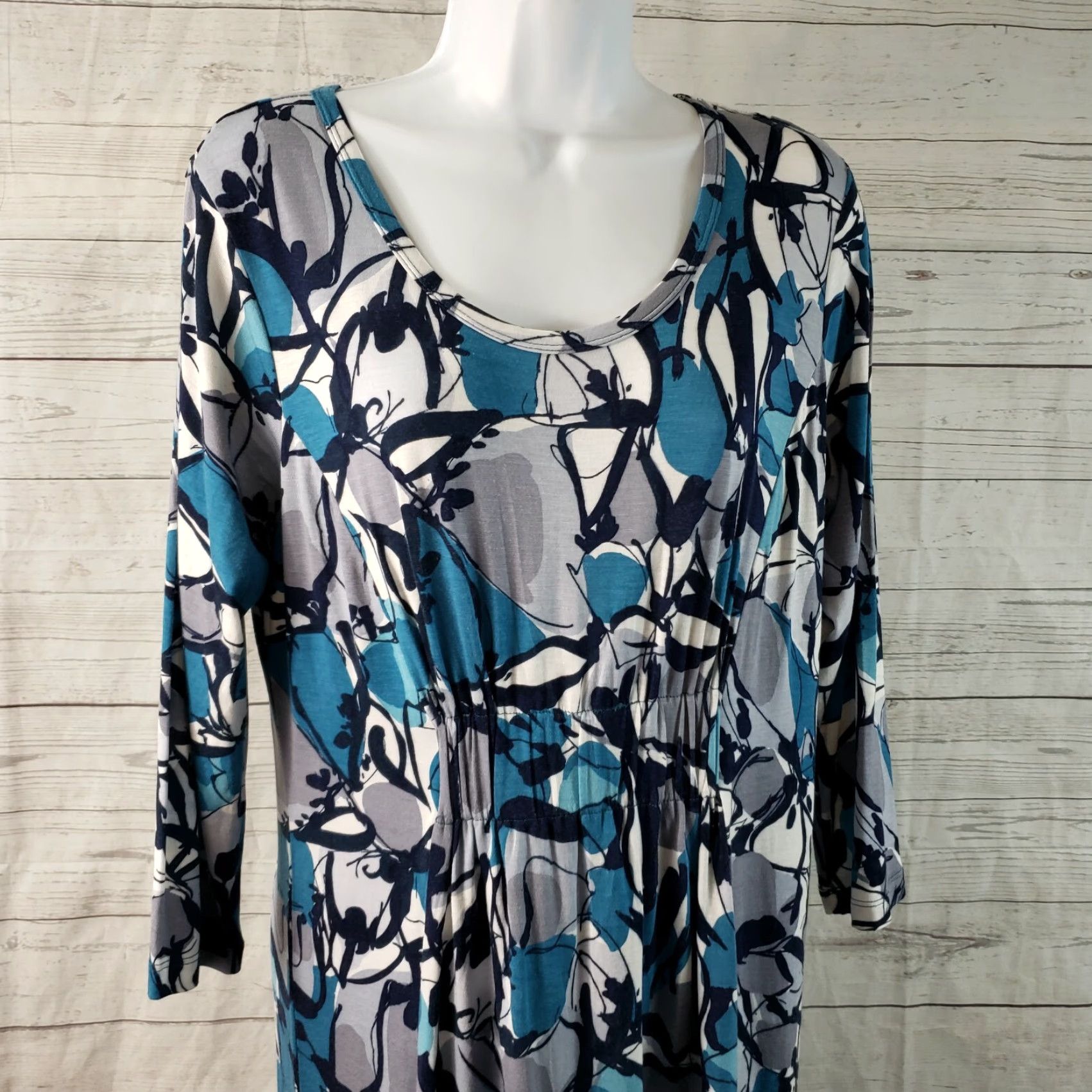 Vintage LOGO Instant Chic Womens Printed Knit Dress 3/4 Sleeve Sz Small Blue Gray | Pullover Sheath Knit Rayon Blend Dress Length Knee Length Mens? Size S / US 4 / IT 40 - 2 Thumbnail